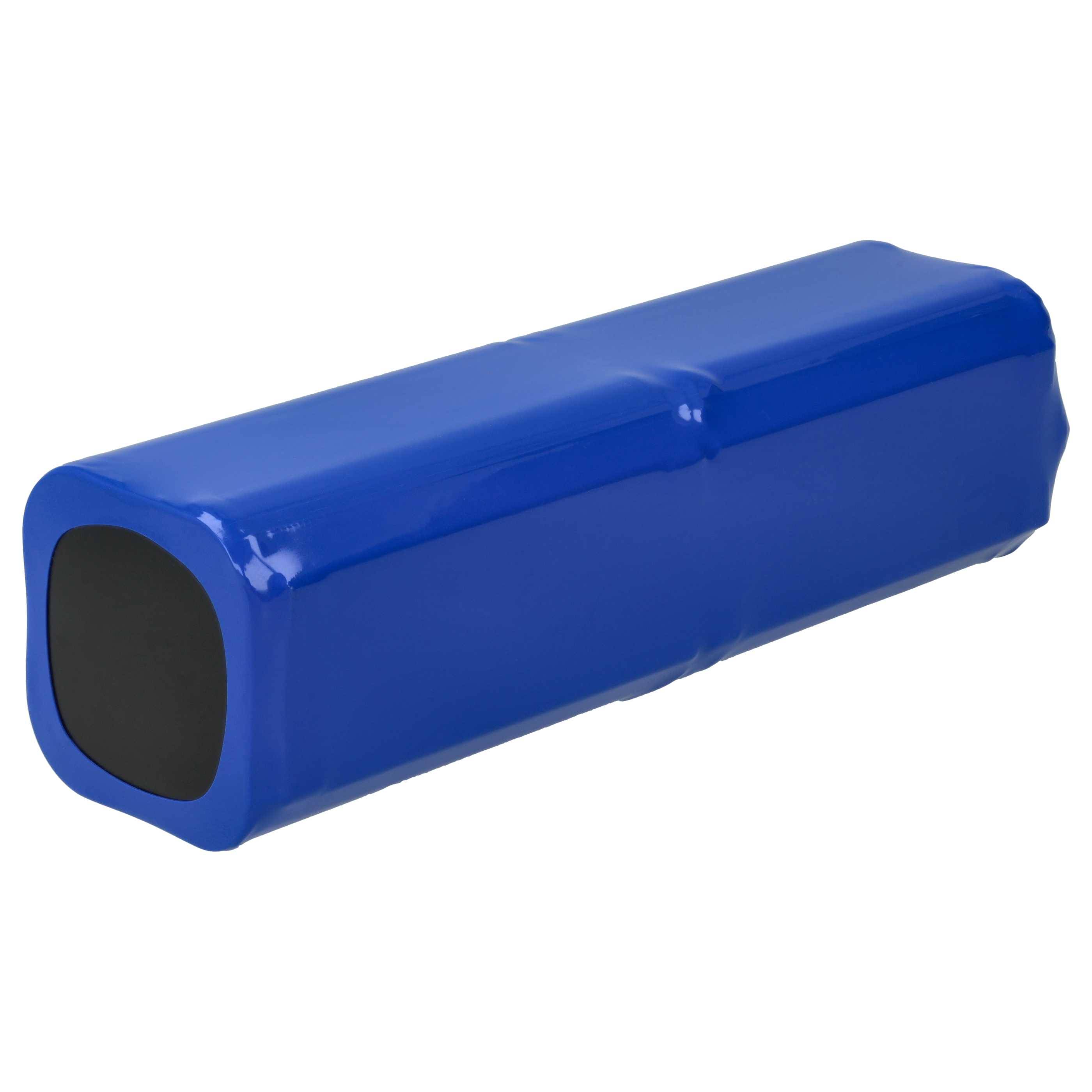Blaues rechteckiges Batteriepack mit schwarzem Steckeranschluss, auf weißem Hintergrund gezeigt.