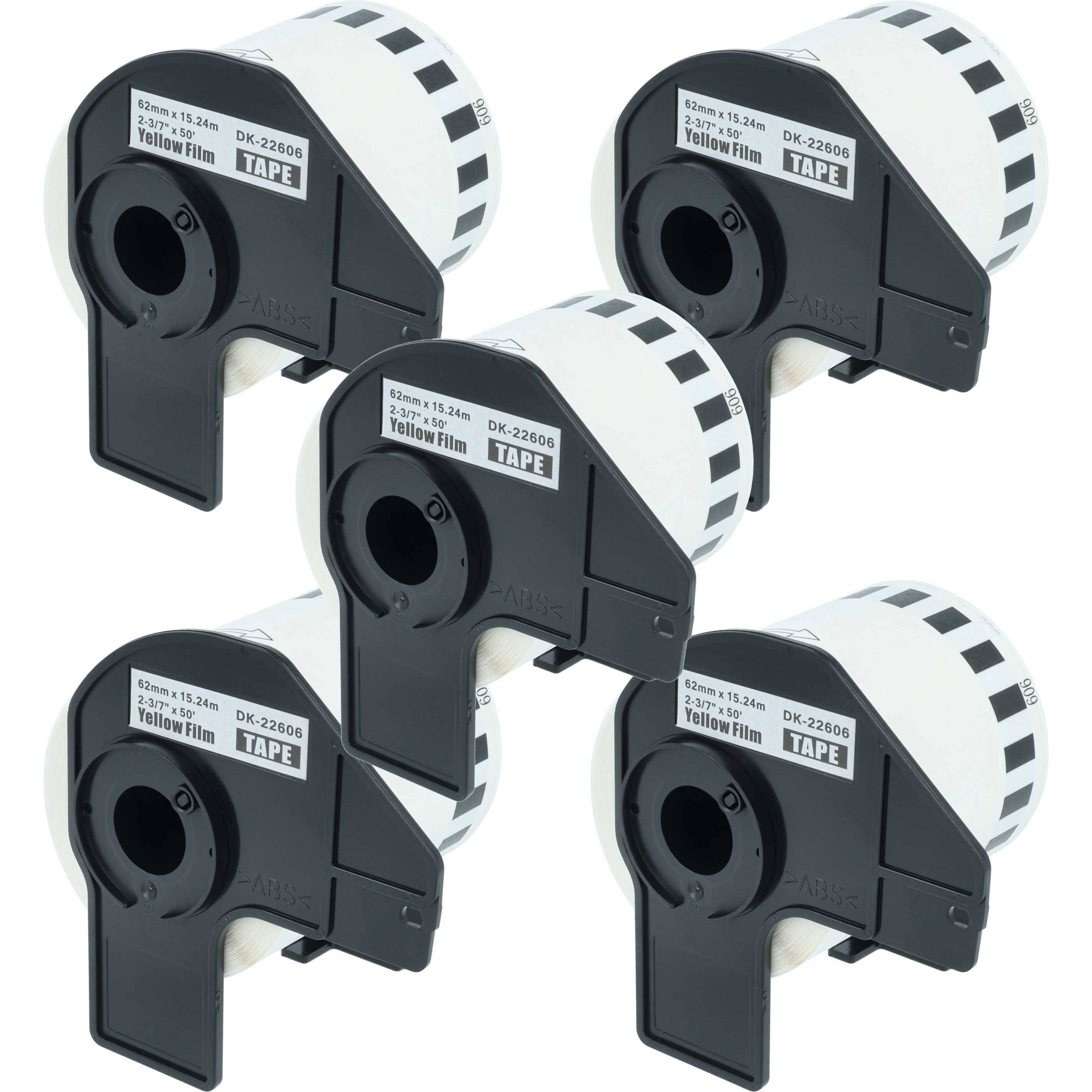 Fünf schwarze und weiße Bandkassetten in einer versetzten Anordnung. Jede Kassette ist mit 