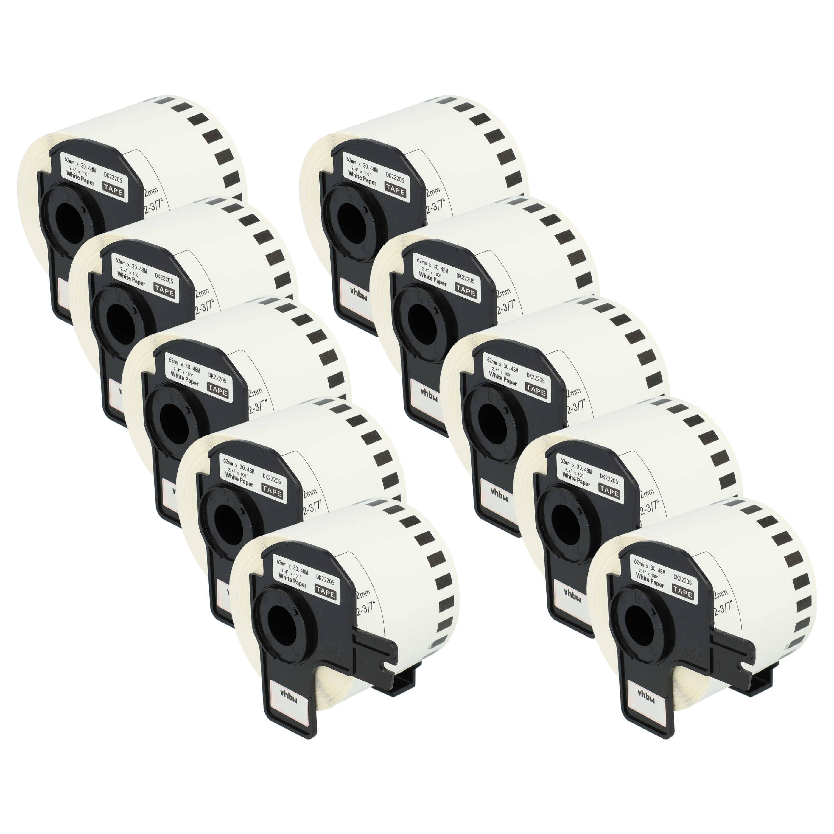 vhbw 10x Etiketten-Rolle mit Halter 62mm x 30,48m (1 Etikette) kompatibel mit Brother PT QL560VP, QL-570, QL-580, QL-580N Etiketten-Drucker