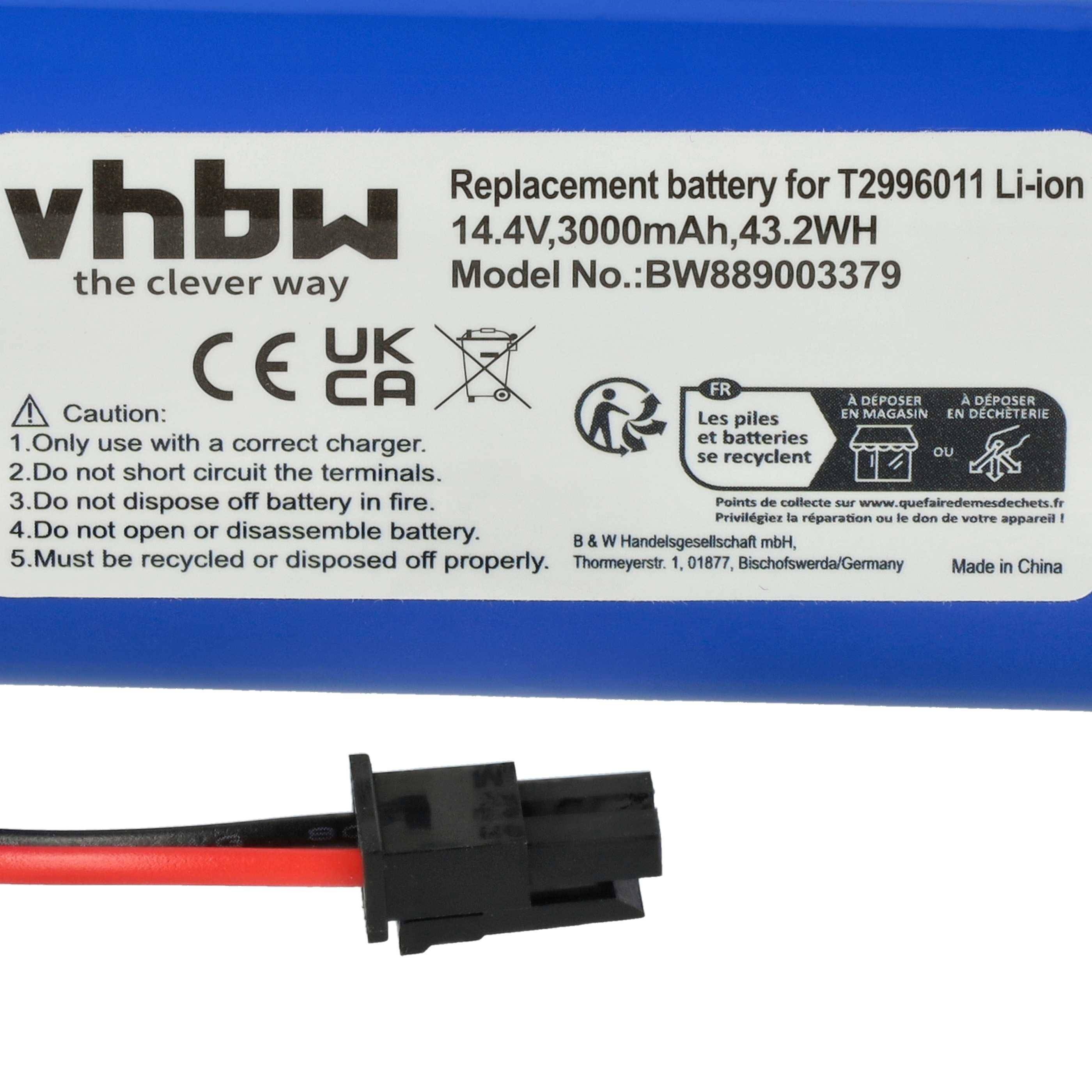 vhbw Akku kompatibel mit Ultenic T10 Elite Saugroboter (3000 mAh, 14,4 V, Li-Ion)