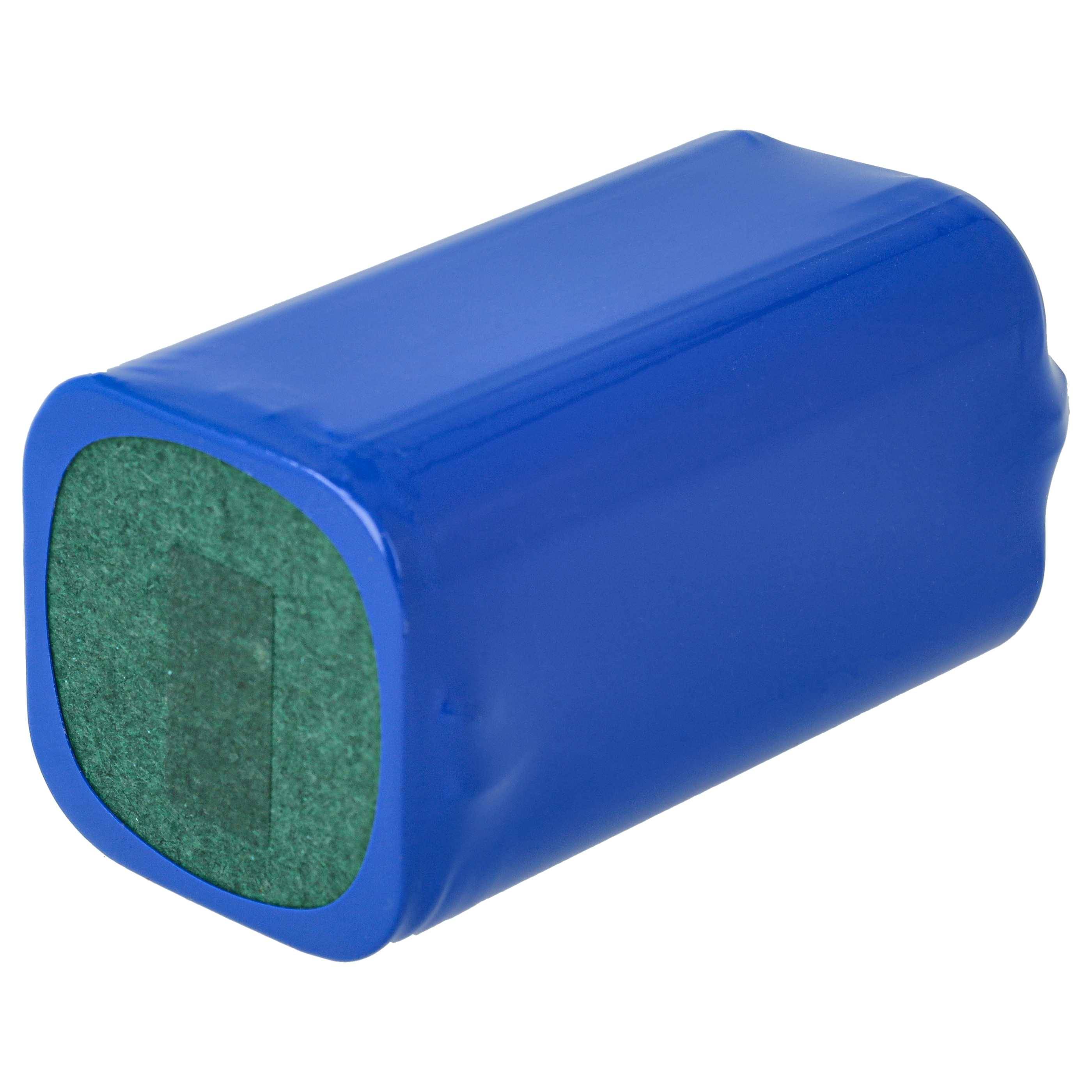 Eine rechteckige Batterie mit blauer Abdeckung und grünem Boden, isoliert auf weißem Hintergrund.