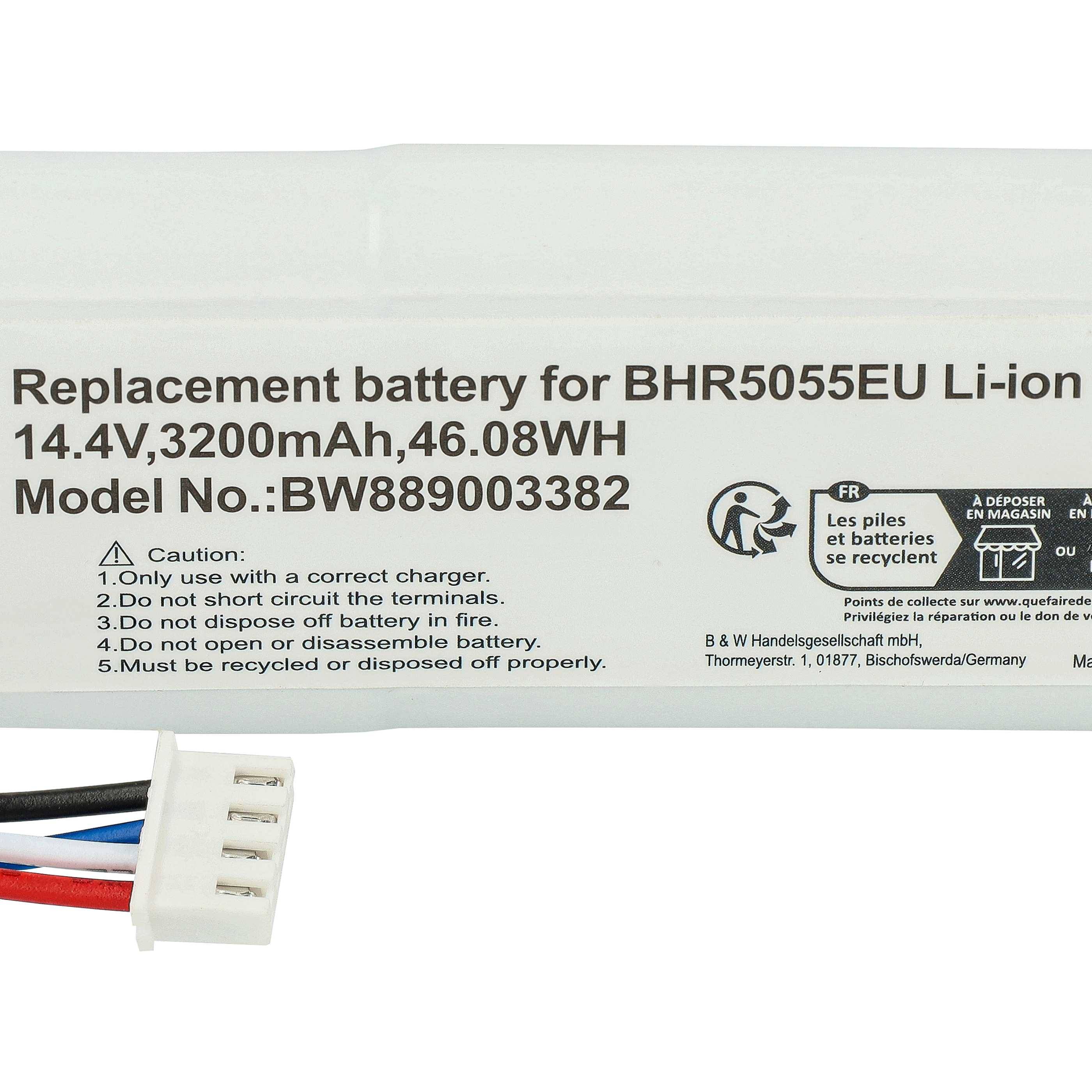 Ersatzbatterie für BHR5055EU Li-Ionen 14,4V, 3200mAh, 46,08Wh Modellnr.: BW889003382'. Enthält Sicherheitswarnungen und Herstellerangaben.