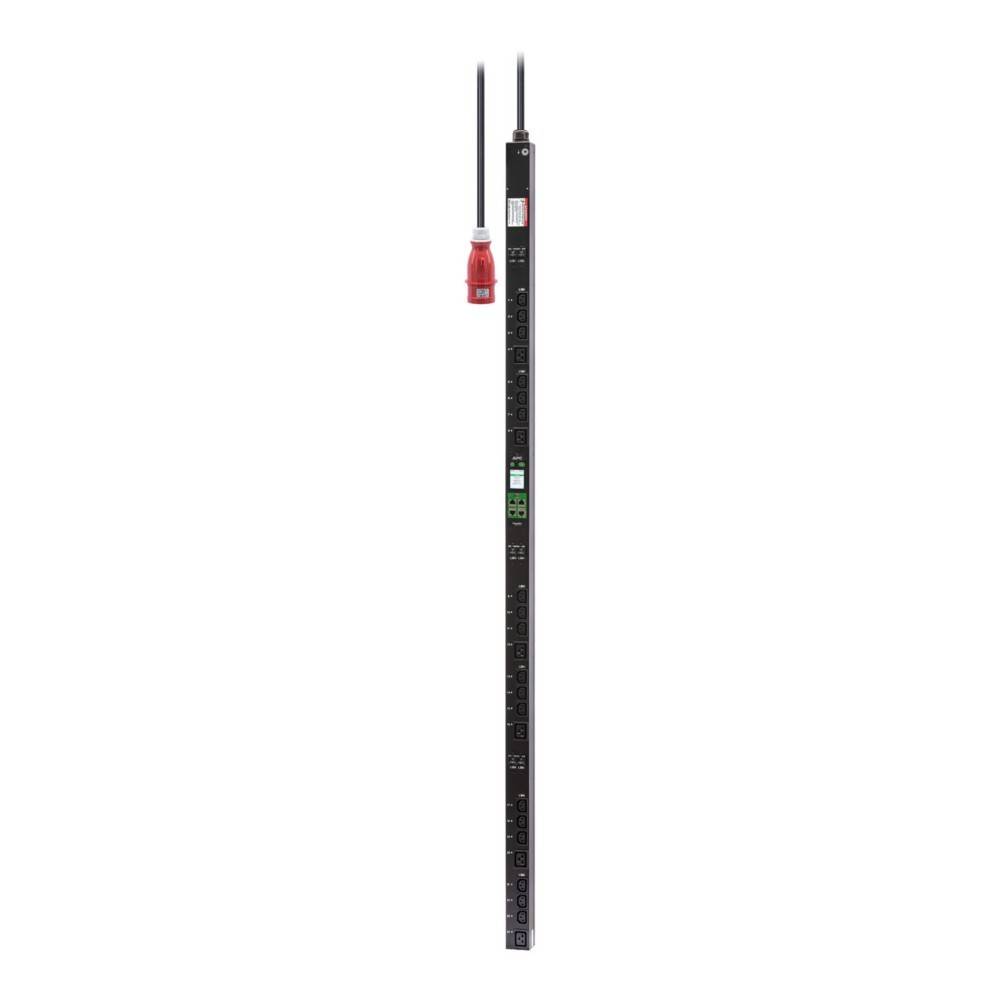 Eine hohe, schwarze Stromverteilungseinheit (PDU) mit mehreren Anschlüssen, ausgestattet mit einer digitalen Anzeige und einem roten Stecker an der Oberseite.