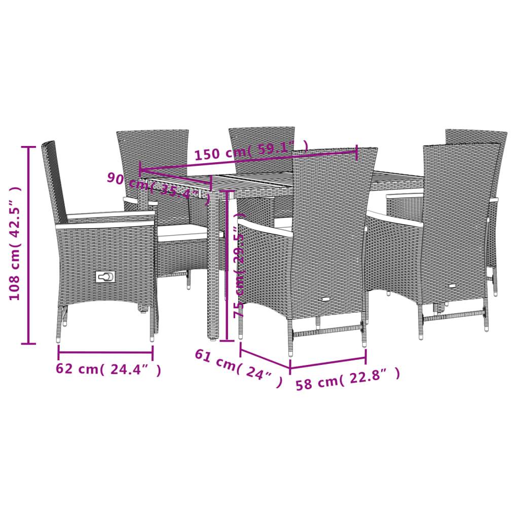 vidaXL 7-tlg. Garten-Essgruppe mit Kissen Schwarz Poly Rattan