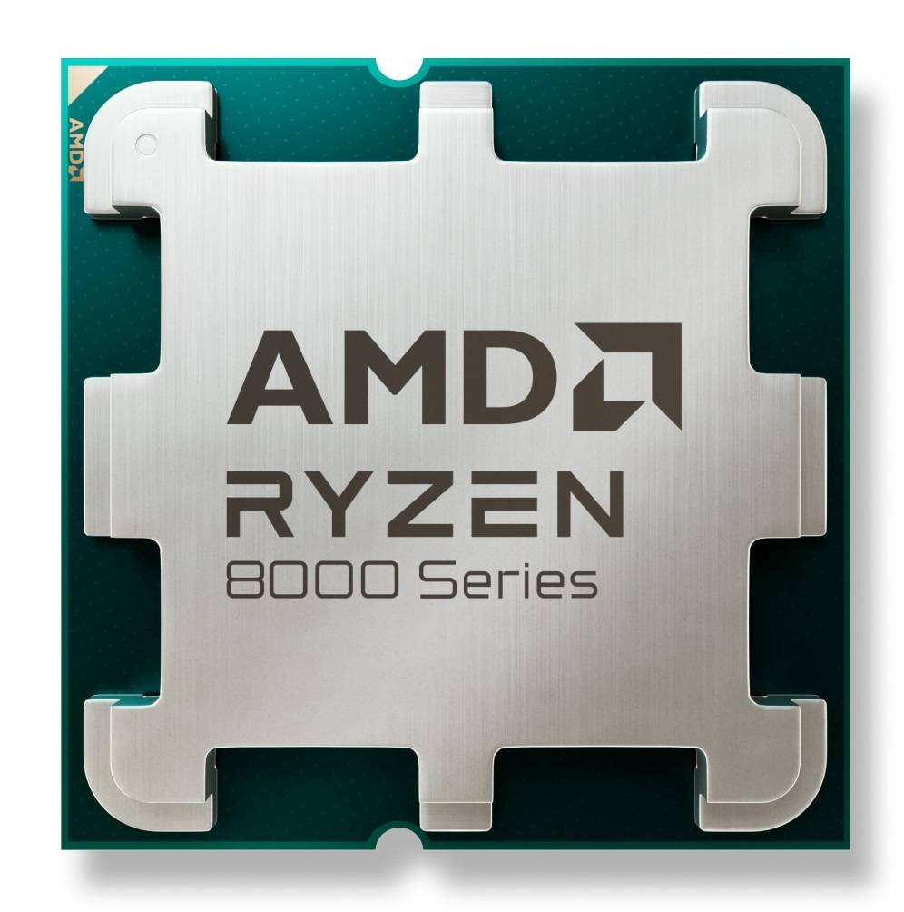 AMD Ryzen 8000 Serie Prozessor-Chip auf einer blaugrünen Leiterplatte gezeigt, mit dem AMD-Logo in der Mitte auf dem Metall-Kühlkörper.