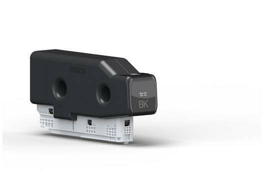 Schwarze Tintenpatrone für Epson-Drucker, mit der Bezeichnung 'BK', mit Anschlüssen und Installationsanleitung an der Seite.