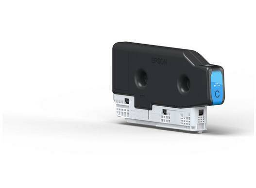 Eine Cyan-Druckerpatrone mit der Bezeichnung 'C' auf weißem Hintergrund, die für den Farbdruck in kompatiblen Druckern verwendet wird.