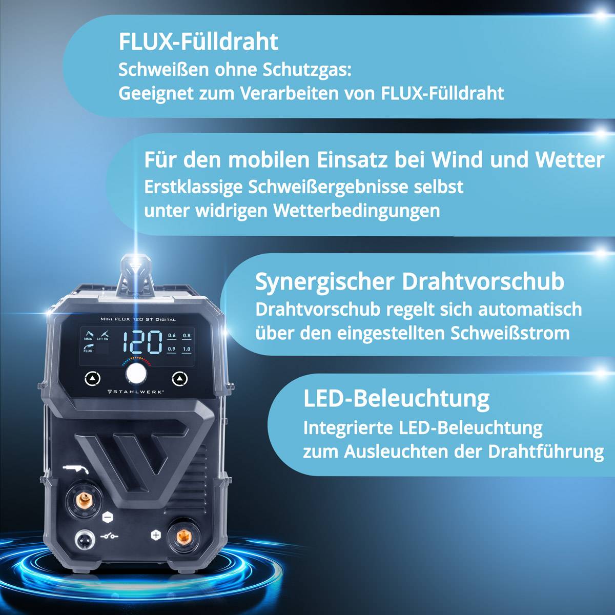 STAHLWERK Schweißgerät FLUX 120 ST Digital Vollausstattung MMA LIFT TIG Funktion