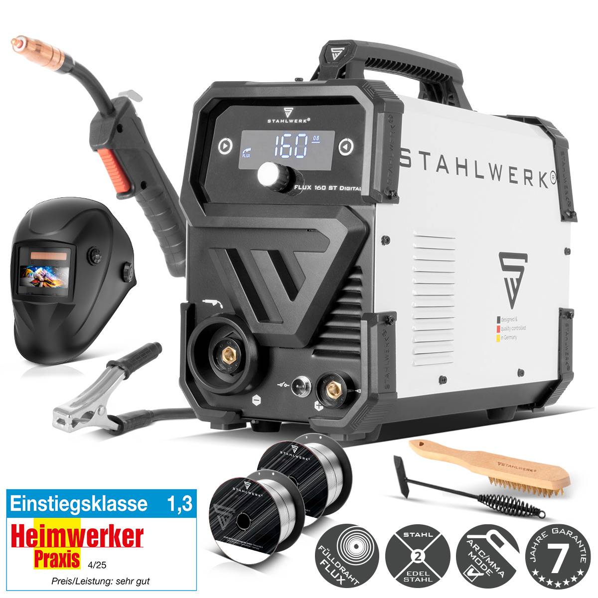 Schweißgerät 'Stahlwerk MIG 145R' mit digitaler Anzeige, Schweißbrenner, Maske und Zubehör. Geeignet für Anfänger bis hin zu fortgeschrittenen Benutzern.