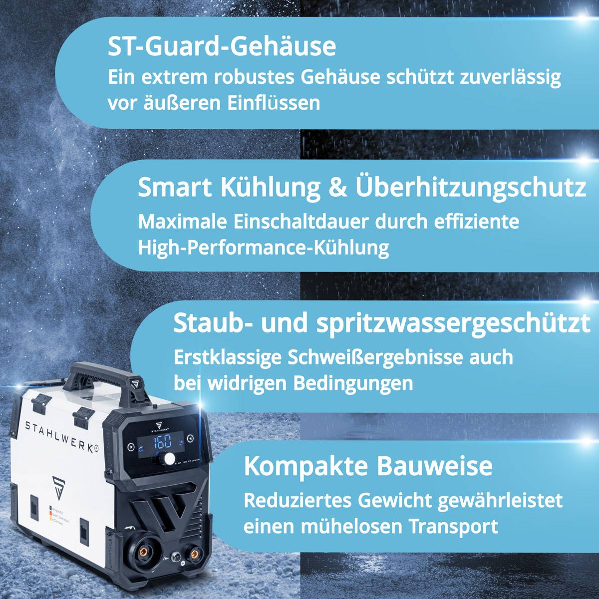 Eine Schweißmaschine mit der Aufschrift 'STAHLWERK' mit Textfeldern, die folgende Merkmale hervorheben: robust, hitzebeständig, staubgeschützt, kompaktes Design.