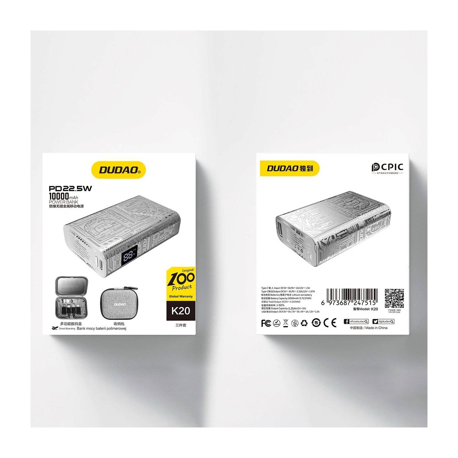 Tragbarer Akku - Dudao K20 USB-A / USB-C Powerbank 10000 mAh 22,5 W  Silber - externer Akku