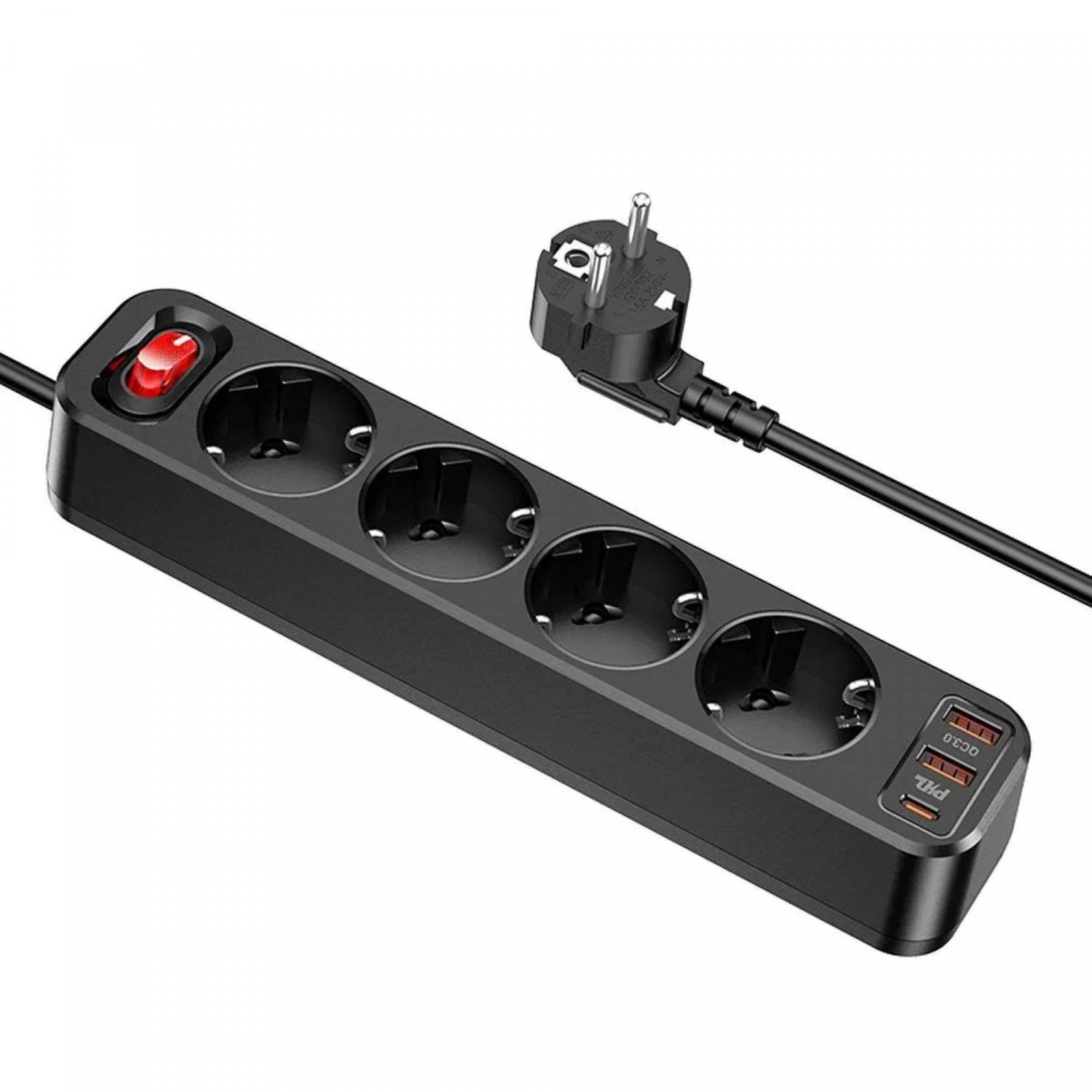 HOCO 4-fach Steckdosenleiste + 2 x USB QC3.0 18W + Typ C PD 20W Schwarz