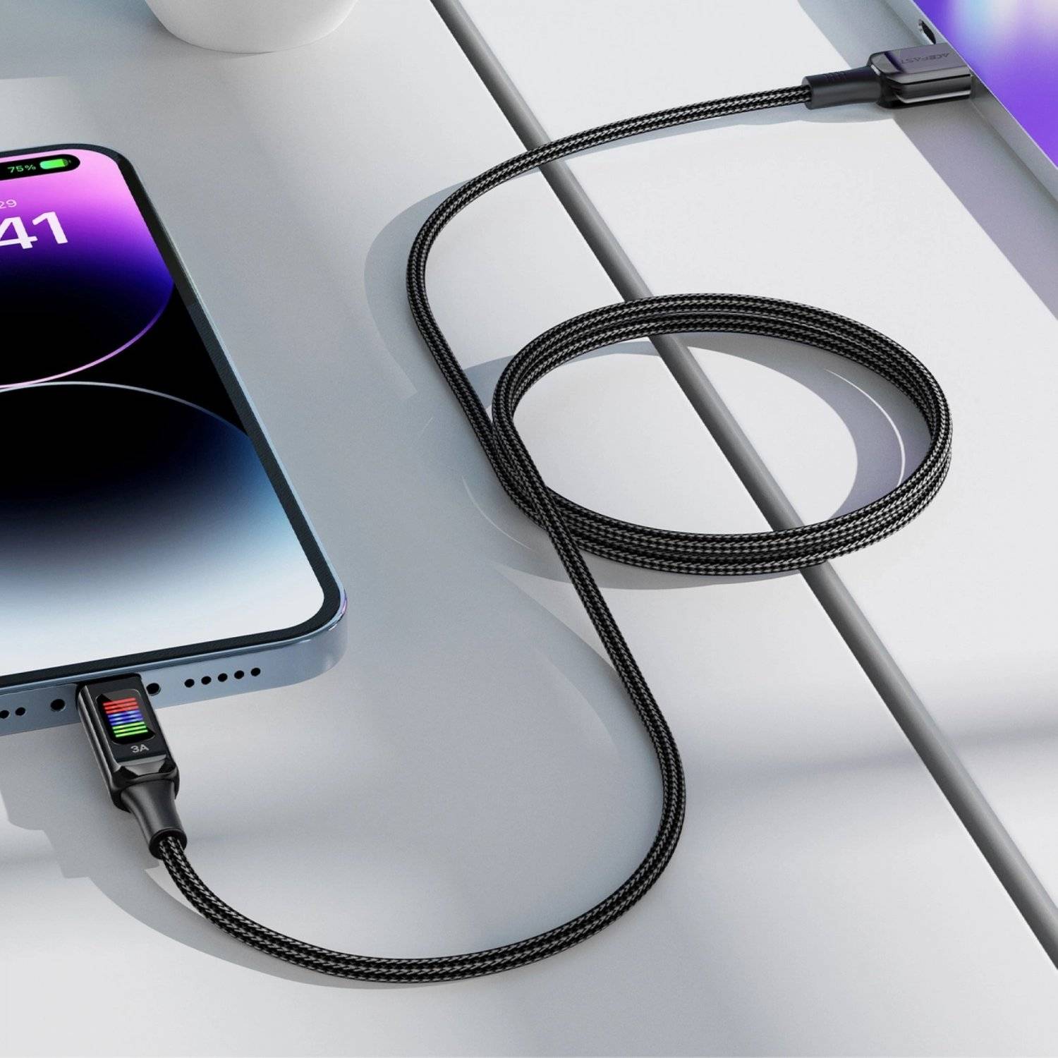 Acefast C7-04 Ladekabel USB-A USB-C 60 W 1,2 m Kabel mit Display  Schwarz