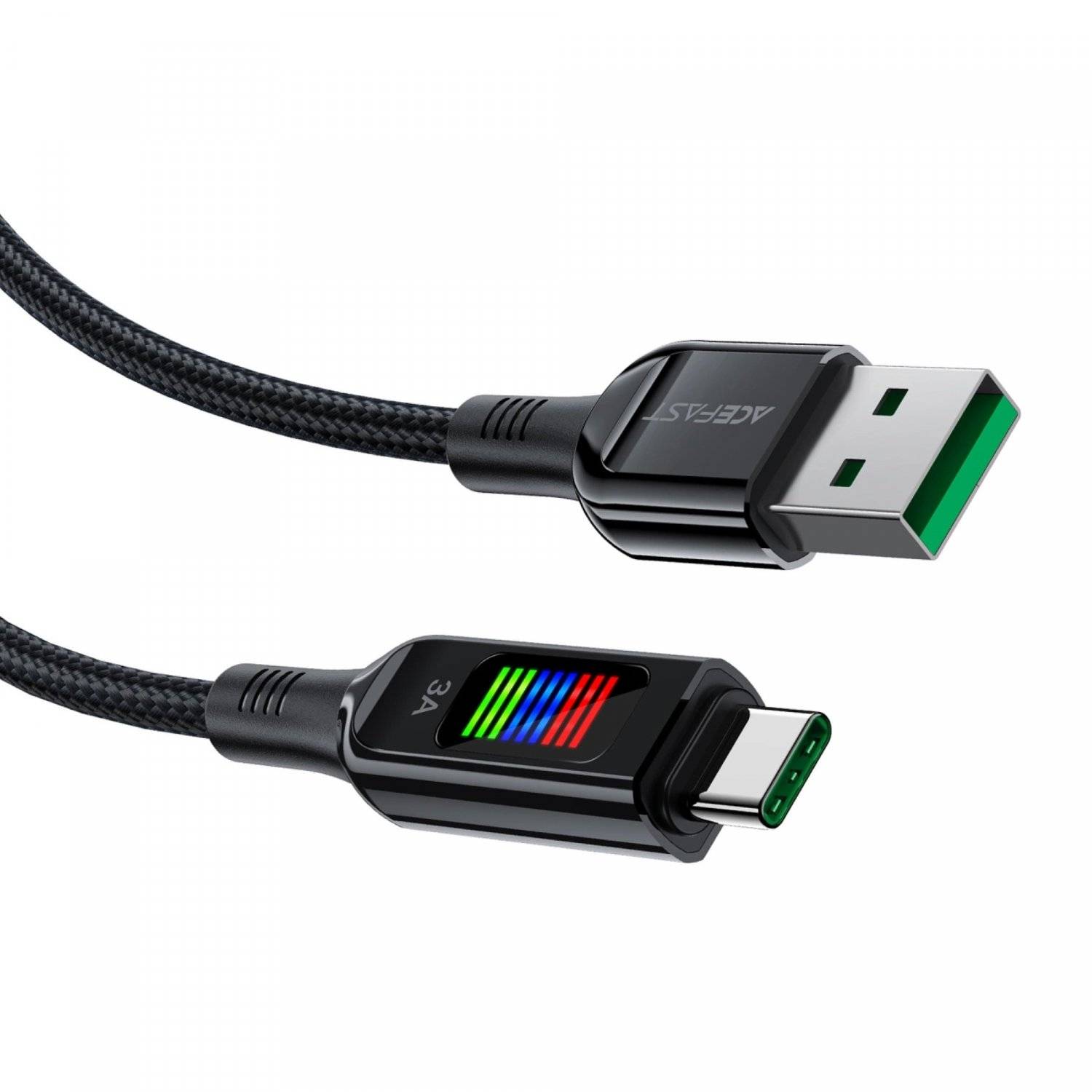 Acefast C7-04 Ladekabel USB-A USB-C 60 W 1,2 m Kabel mit Display  Schwarz