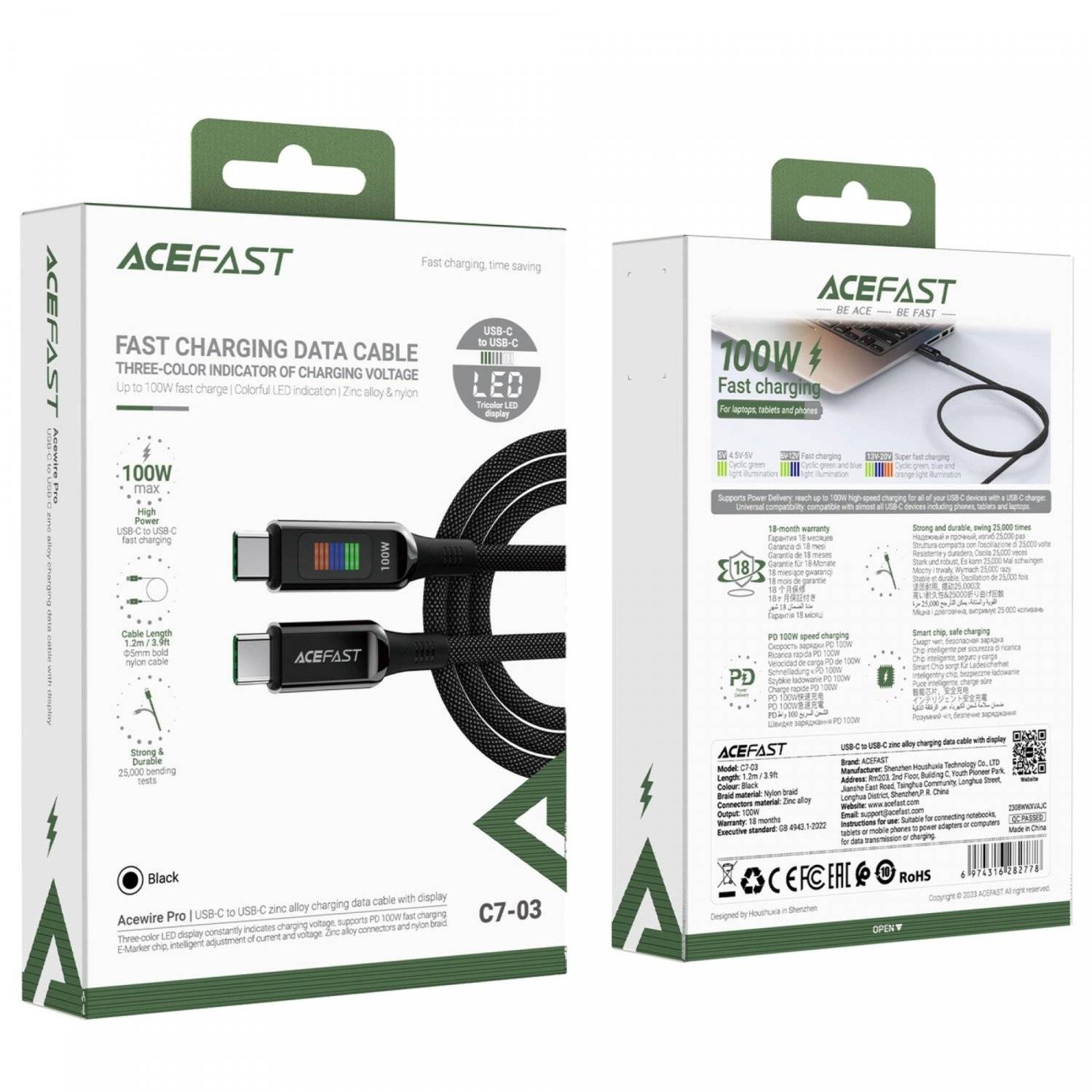 Acefast C7-03 USB-C USB-C 100 W 1,2 m Kabel mit Display  Schwarz
