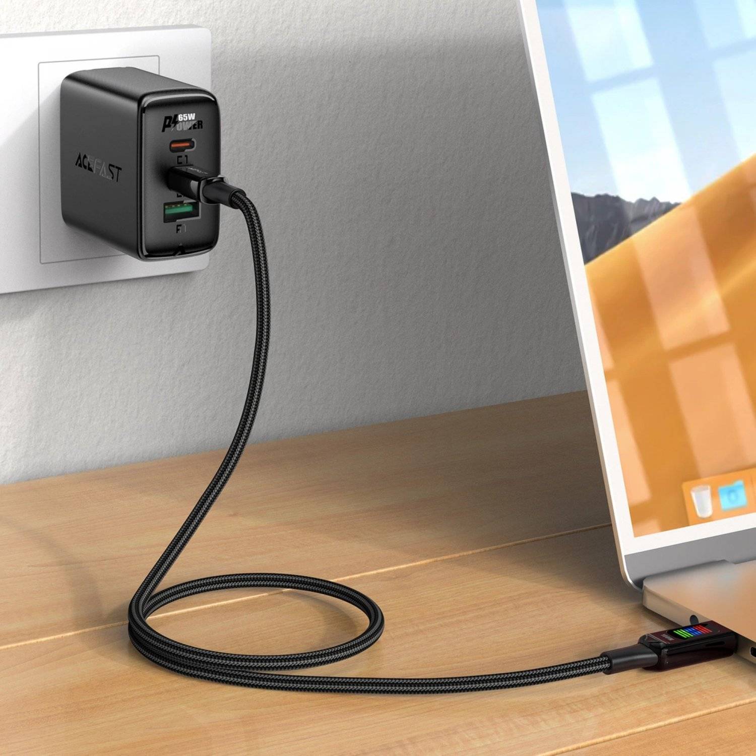 Acefast C7-03 USB-C USB-C 100 W 1,2 m Kabel mit Display  Schwarz