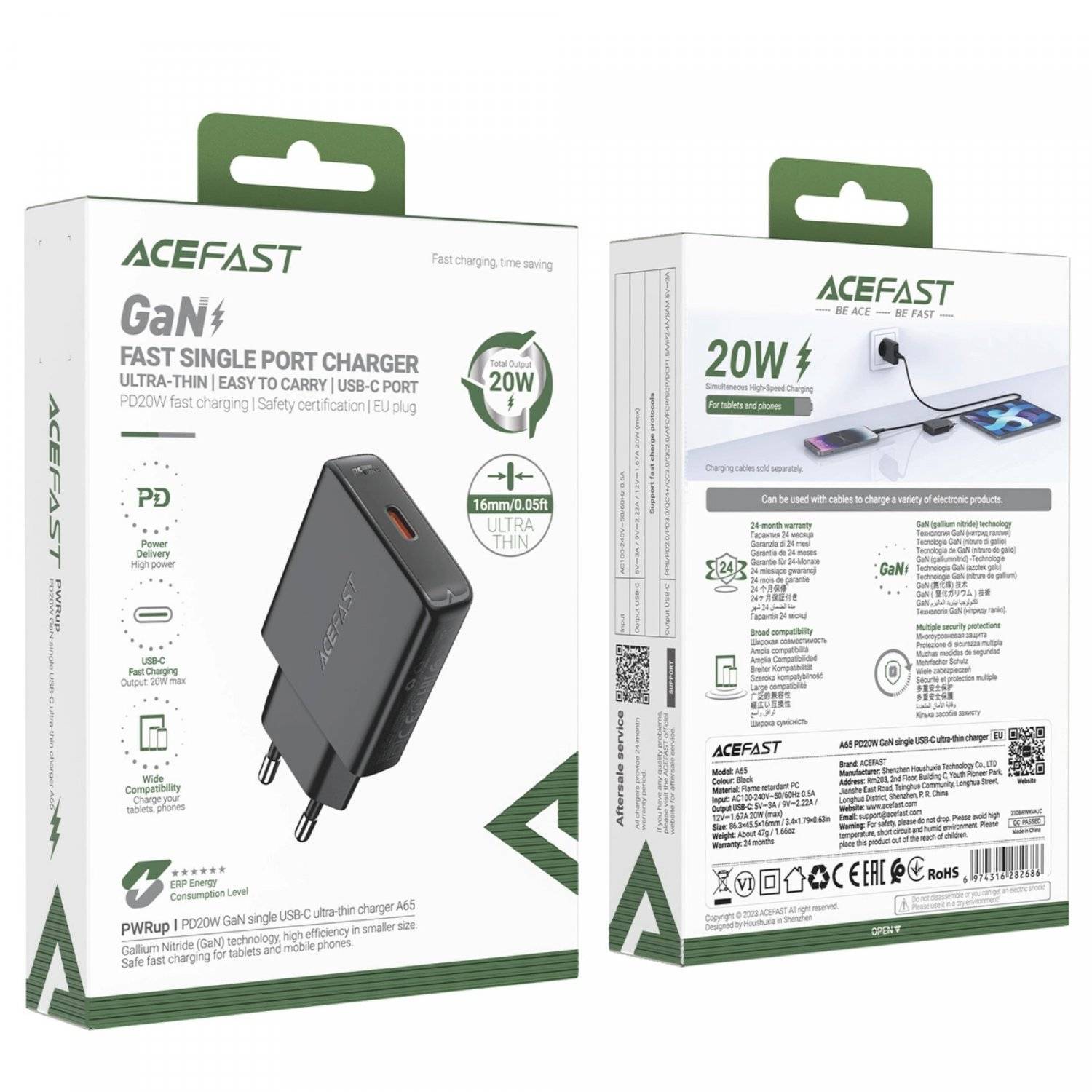 Acefast A65 Ladeadapter PD 20W GaN USB-C Wandladegerät  Schwarz