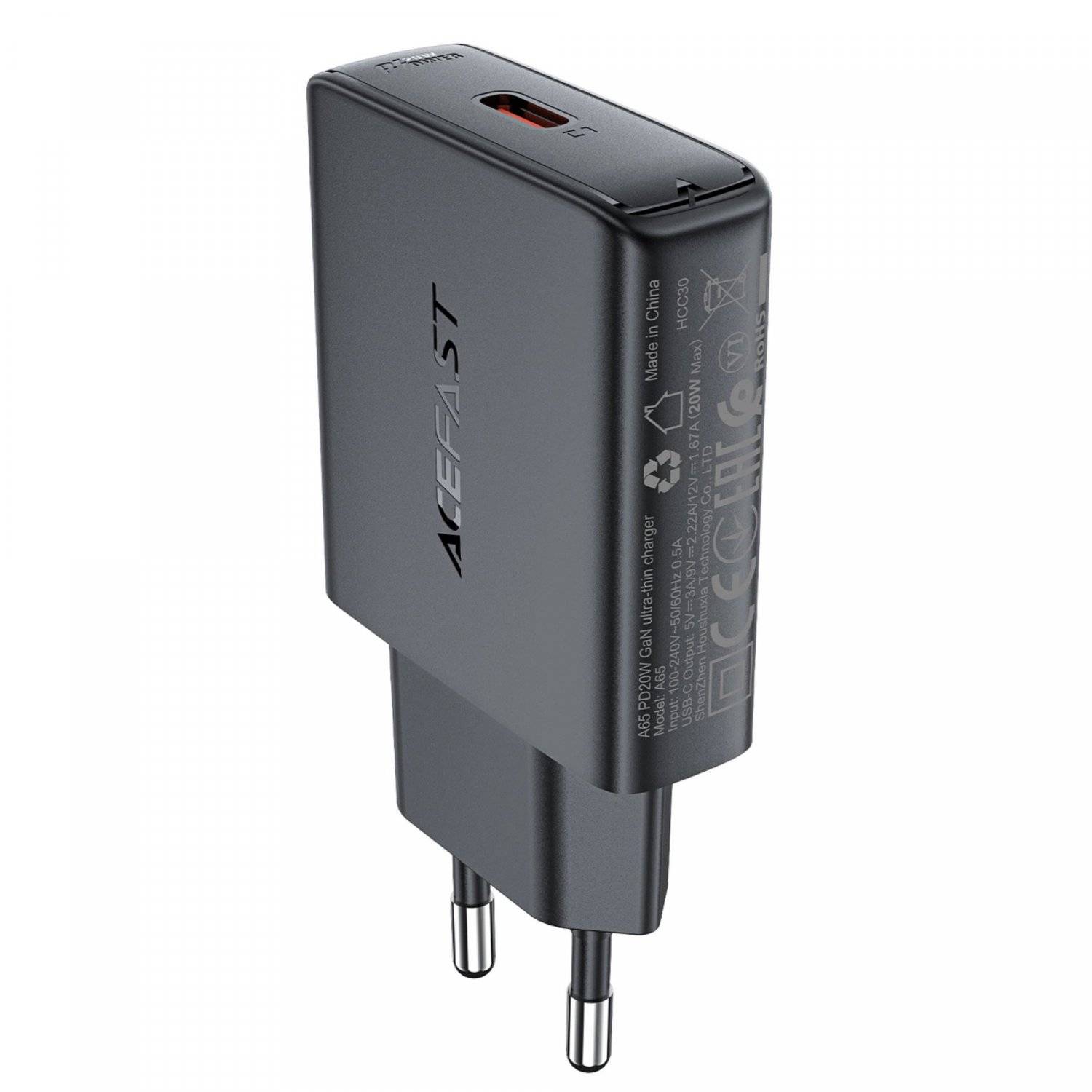 Acefast A65 Ladeadapter PD 20W GaN USB-C Wandladegerät  Schwarz