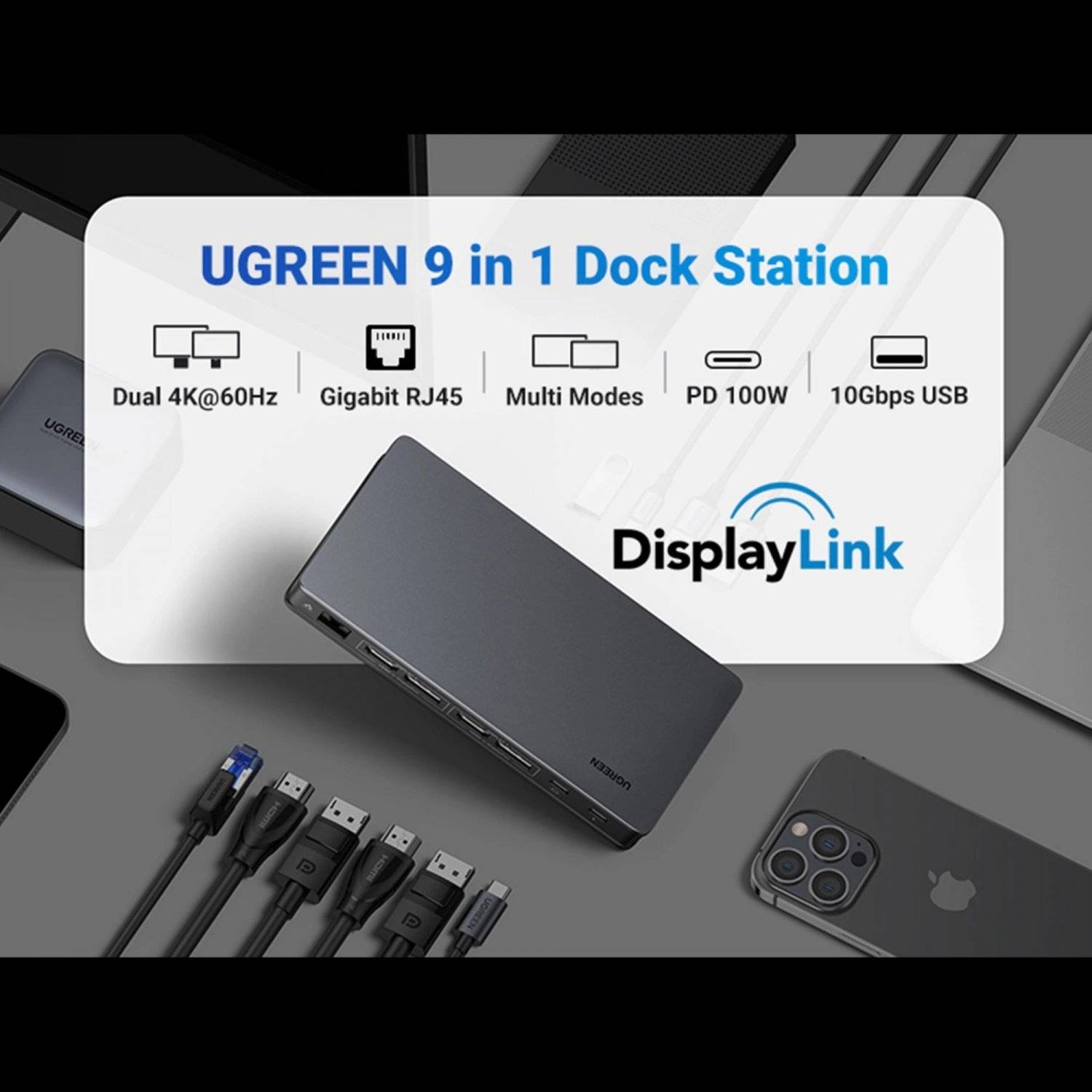 Ugreen CM615 USB-C, DisplayPorrt, HDMI, RJ45 Multifunktionsadapter  Grau mit USB-C Kabel