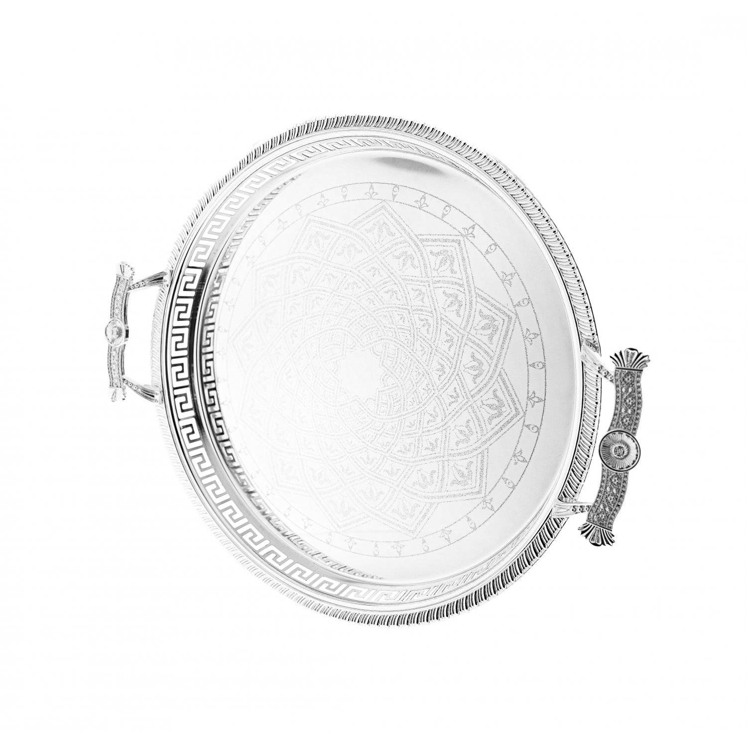 Sunay Serviertabletten in Silber Rund mit Muster mit eleganten Griffen 45x3,5 cm