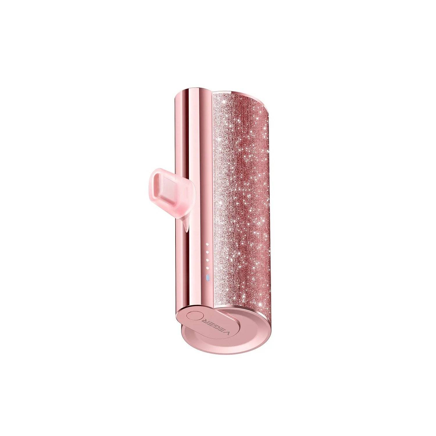 VEGER Powerbank 5 000 mAh mit eingebautem Anschluss 12W PlugOn Powerbank mit Glitzer Rosa USB-C