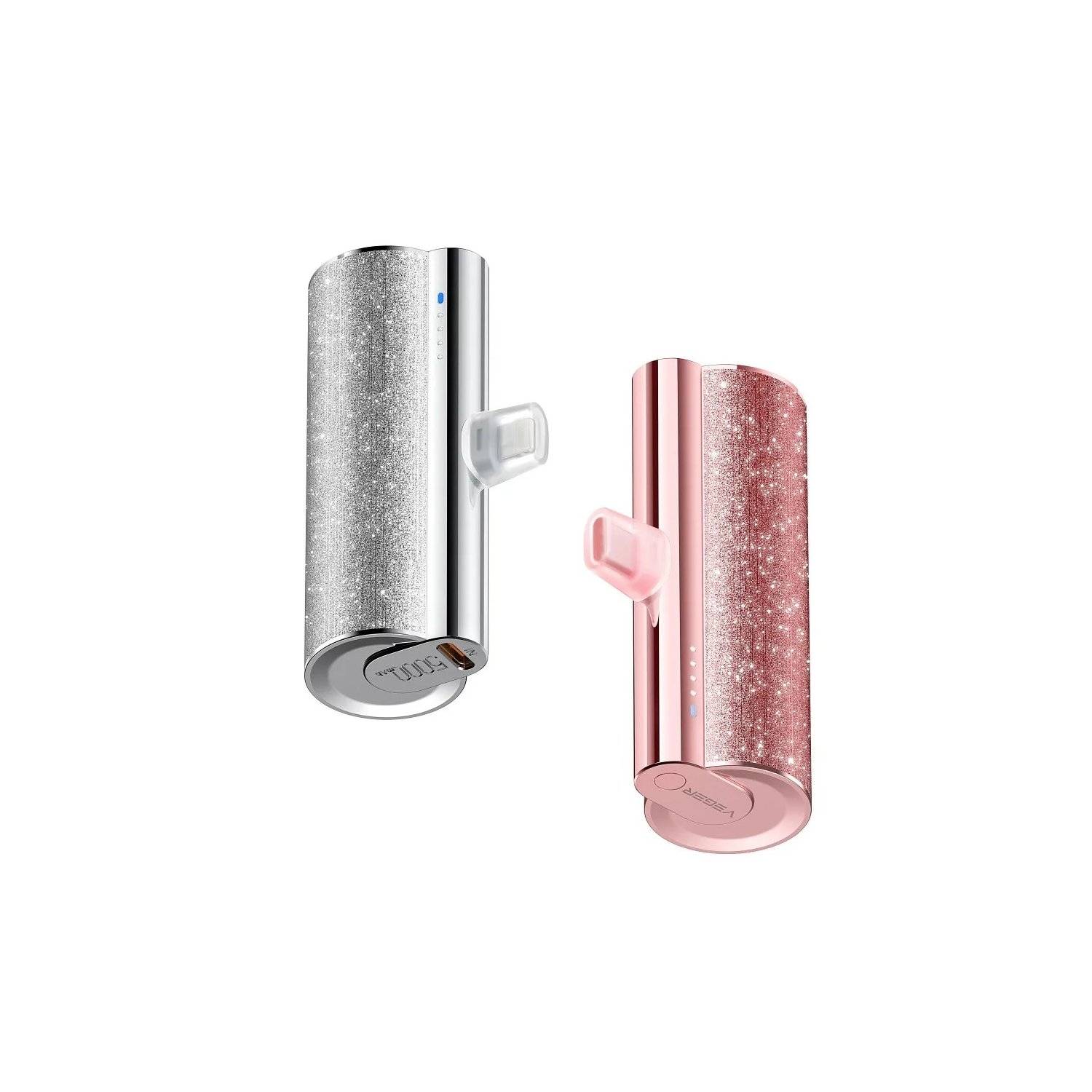 VEGER Powerbank 5 000 mAh mit eingebautem Anschluss 12W PlugOn Powerbank mit Glitzer Rosa USB-C