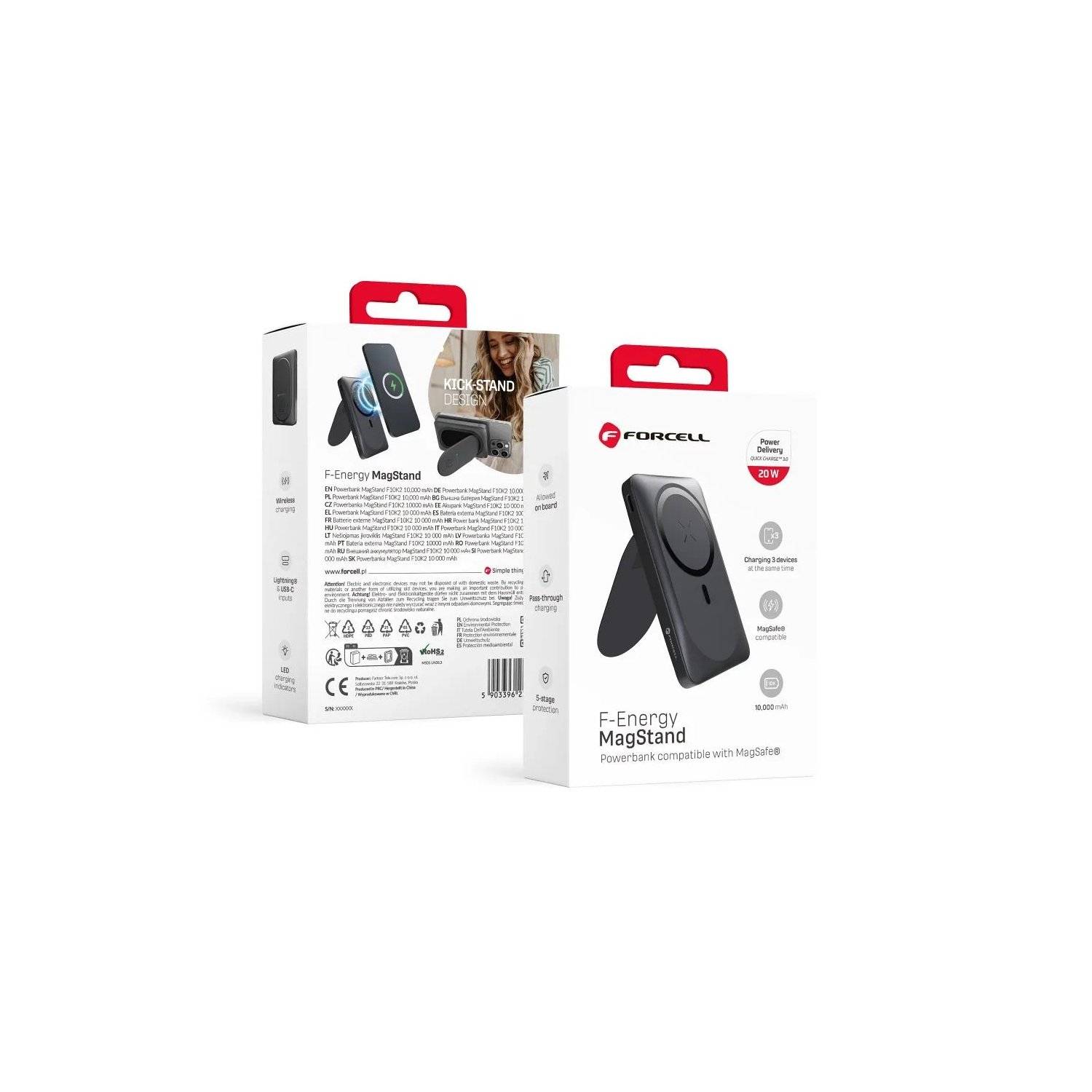 Powerbank+Ständer - FORCELL F-ENERGY F10K2 MagStand Powerbank kompatibel mit MagSafe PD QC3.0 5A 20W 10 000 mAh Schwarz