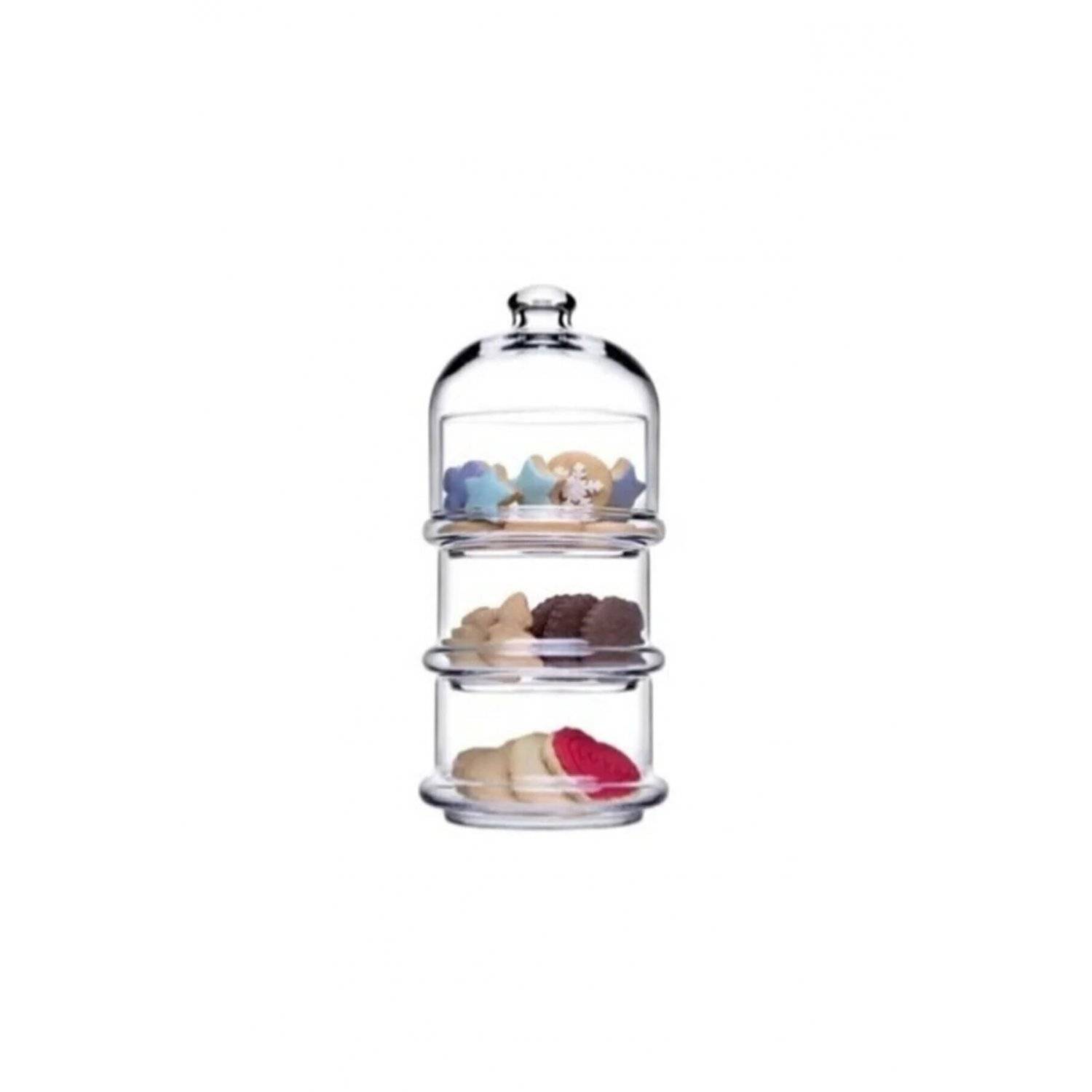 PASABAHCE Patisserie Basic Set 3 stapelbare Behälter mit Kuppel, Glas, Transparent