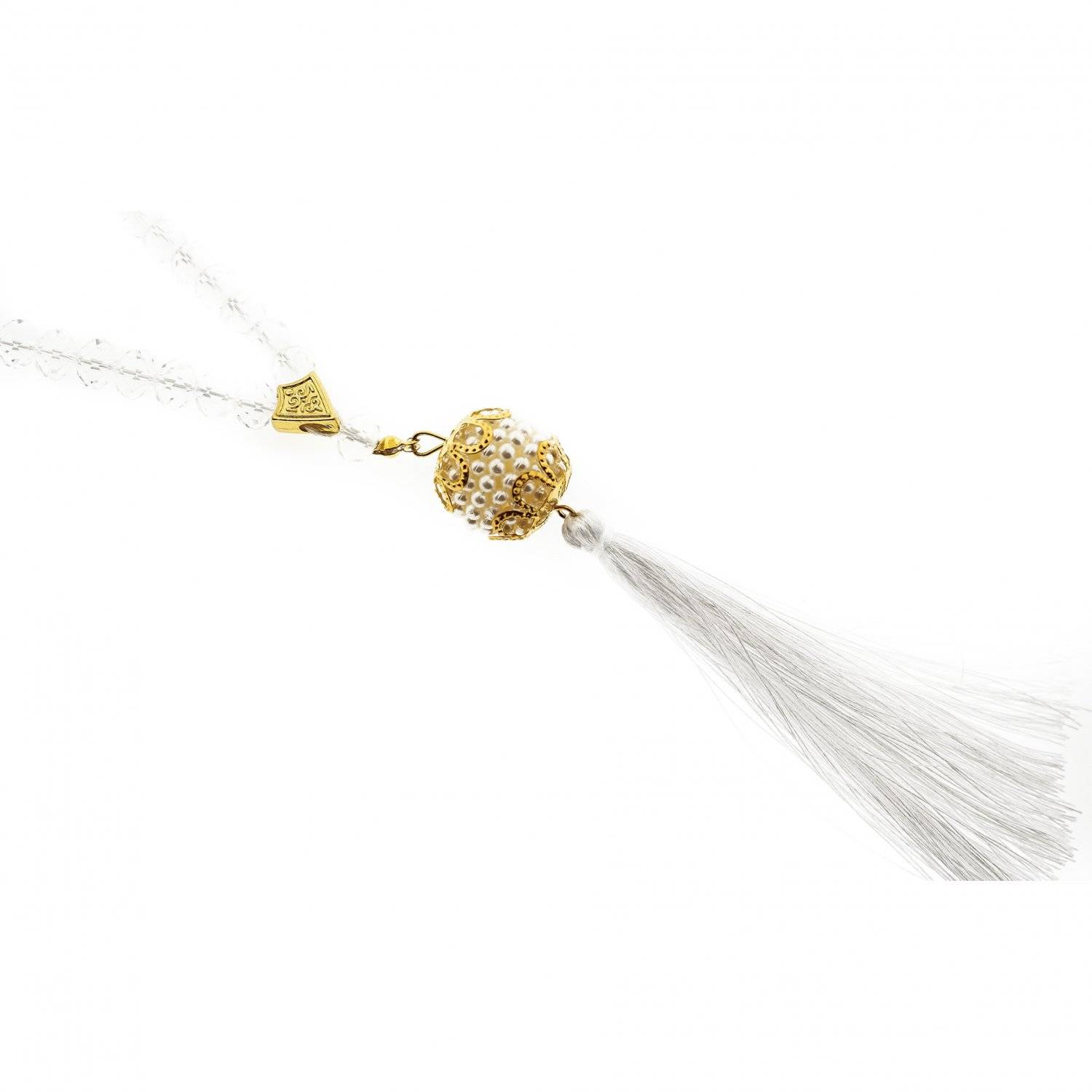 Gebetsketten aus 99 Perlen mit goldenen Akzenten 45 cm Anhänger mit Fransen Transparent