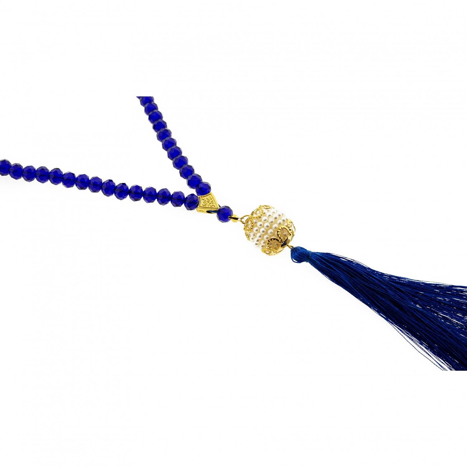 Gebetsketten aus 99 Perlen mit goldenen Akzenten 45 cm Anhänger mit Fransen Blau