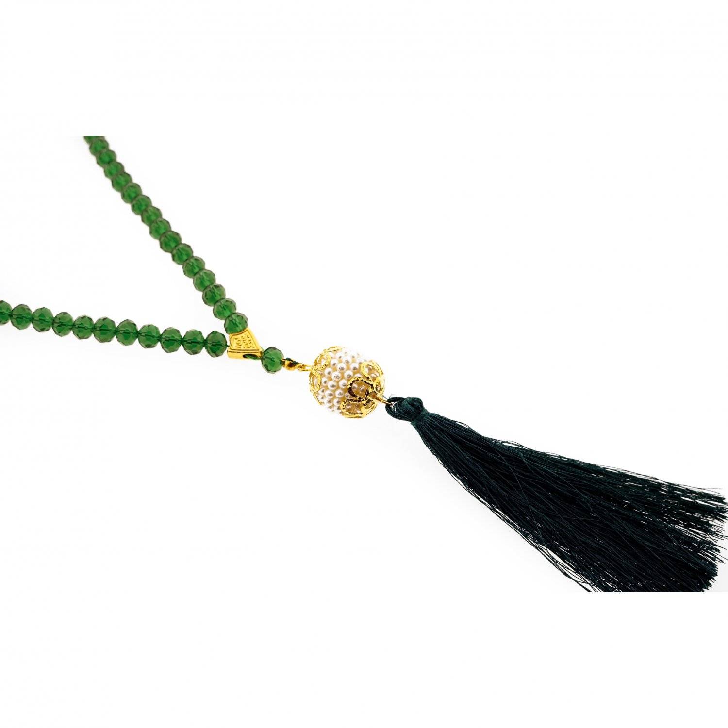 Gebetsketten aus 99 Perlen mit goldenen Akzenten 45 cm Anhänger mit Fransen Grün