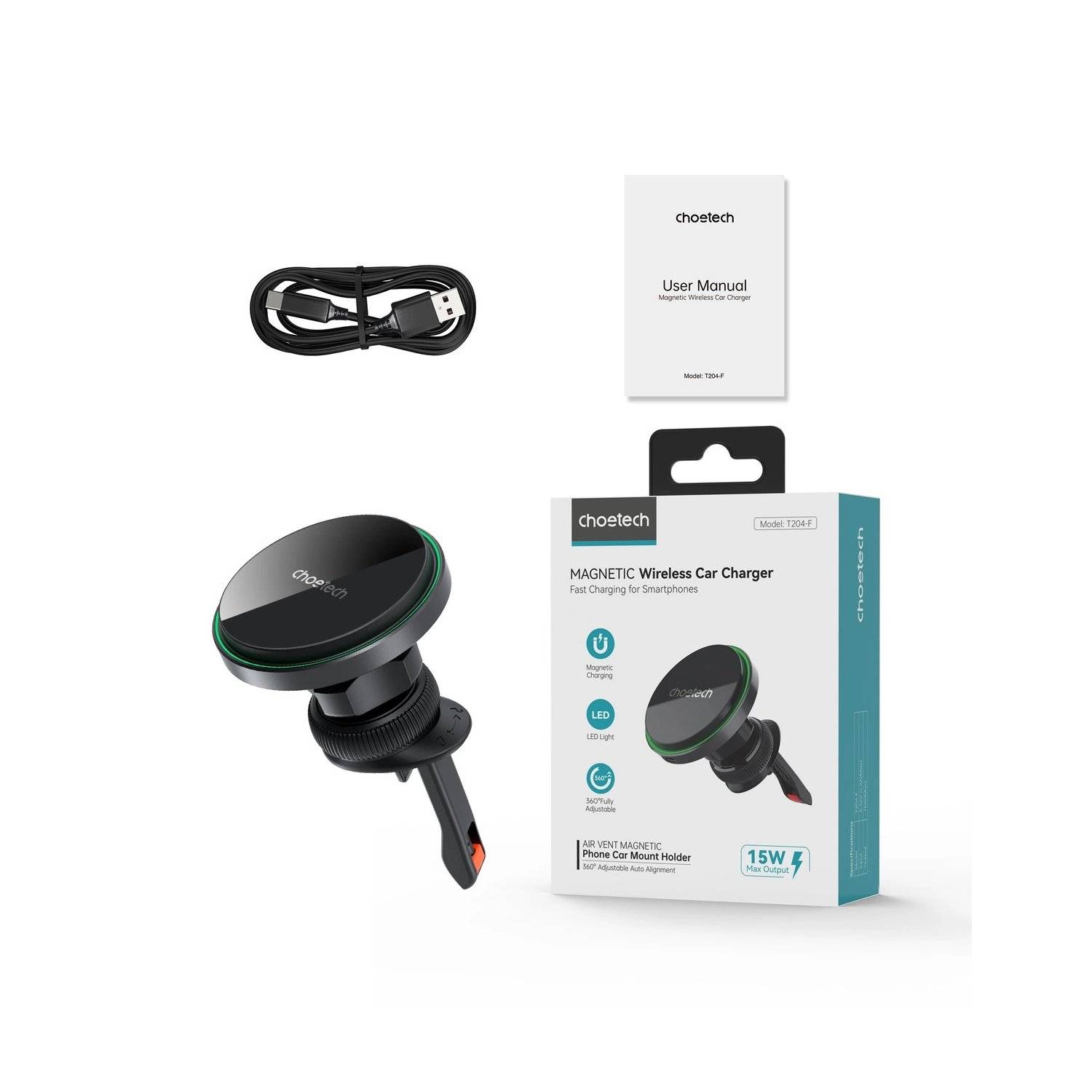 Induktionsladegerät Choetech T204-F magnetische Autohalterung mit 15 W kabellosem Laden  Schwarz