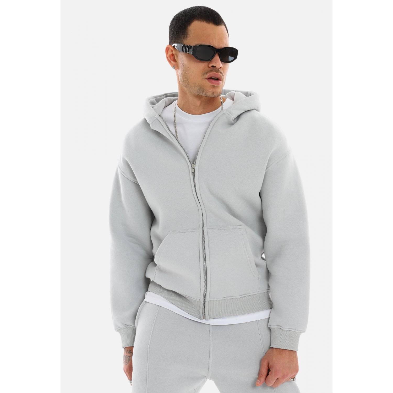 einfarbiger Basic Oversized Zip-Hoodie | Premium Herren & Damen Sweat-Jacke (Unisex) Painted-Grau L