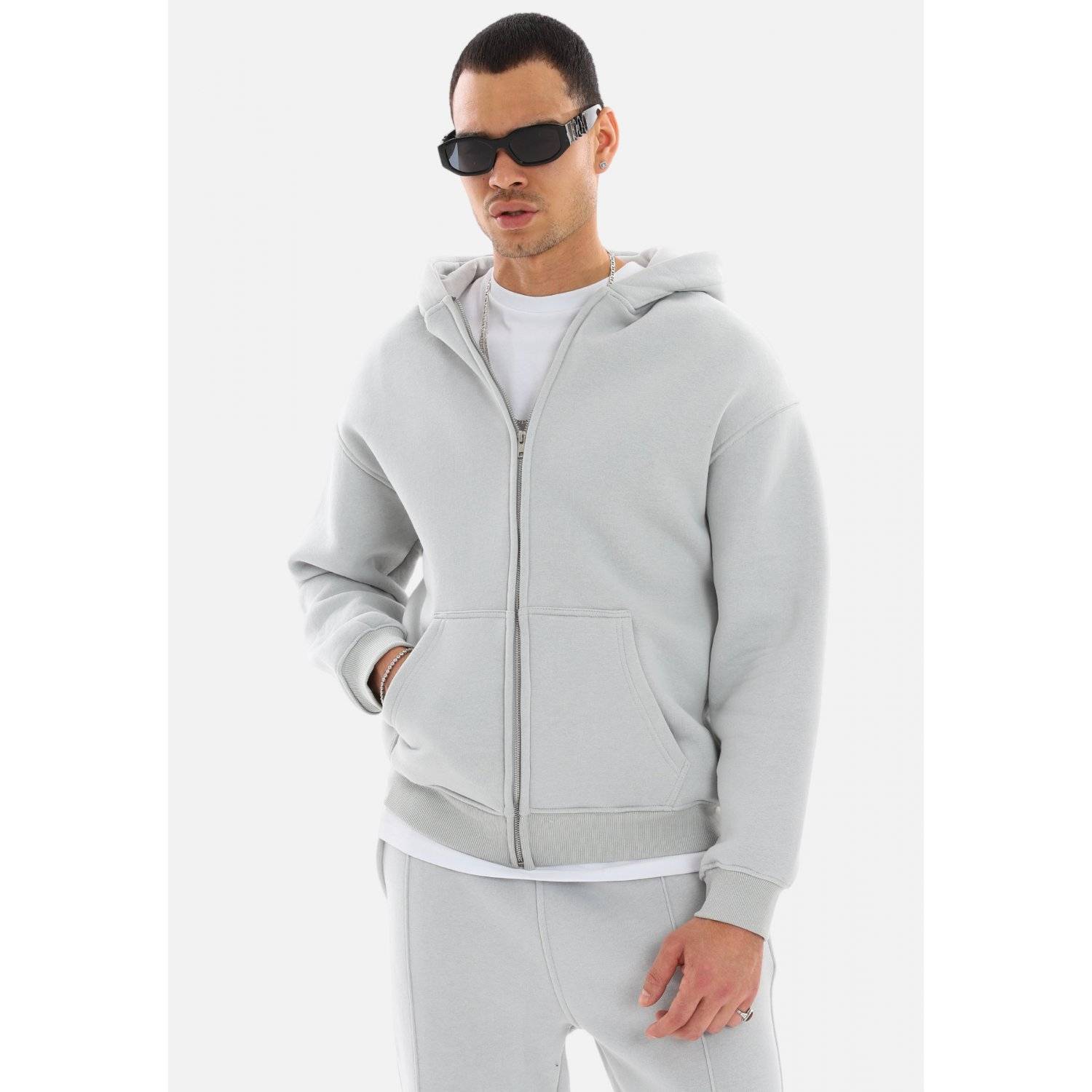 einfarbiger Basic Oversized Zip-Hoodie | Premium Herren & Damen Sweat-Jacke (Unisex) Painted-Grau L