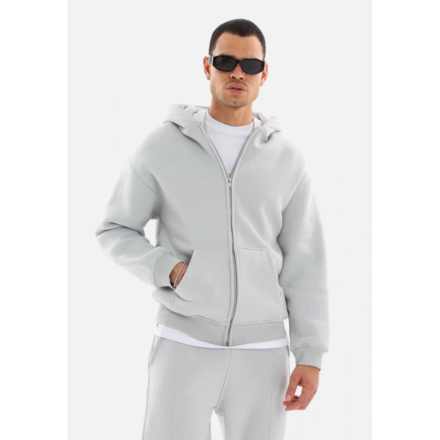 einfarbiger Basic Oversized Zip-Hoodie | Premium Herren & Damen Sweat-Jacke (Unisex) Painted-Grau L
