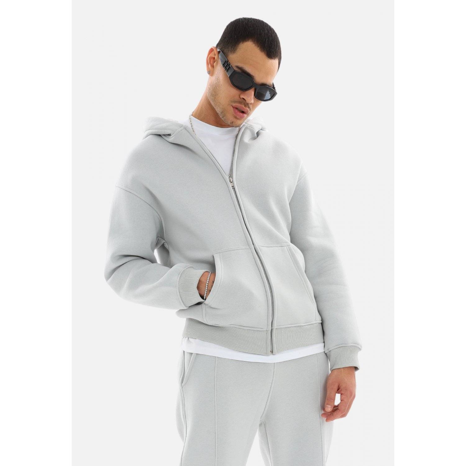einfarbiger Basic Oversized Zip-Hoodie | Premium Herren & Damen Sweat-Jacke (Unisex) Painted-Grau XL