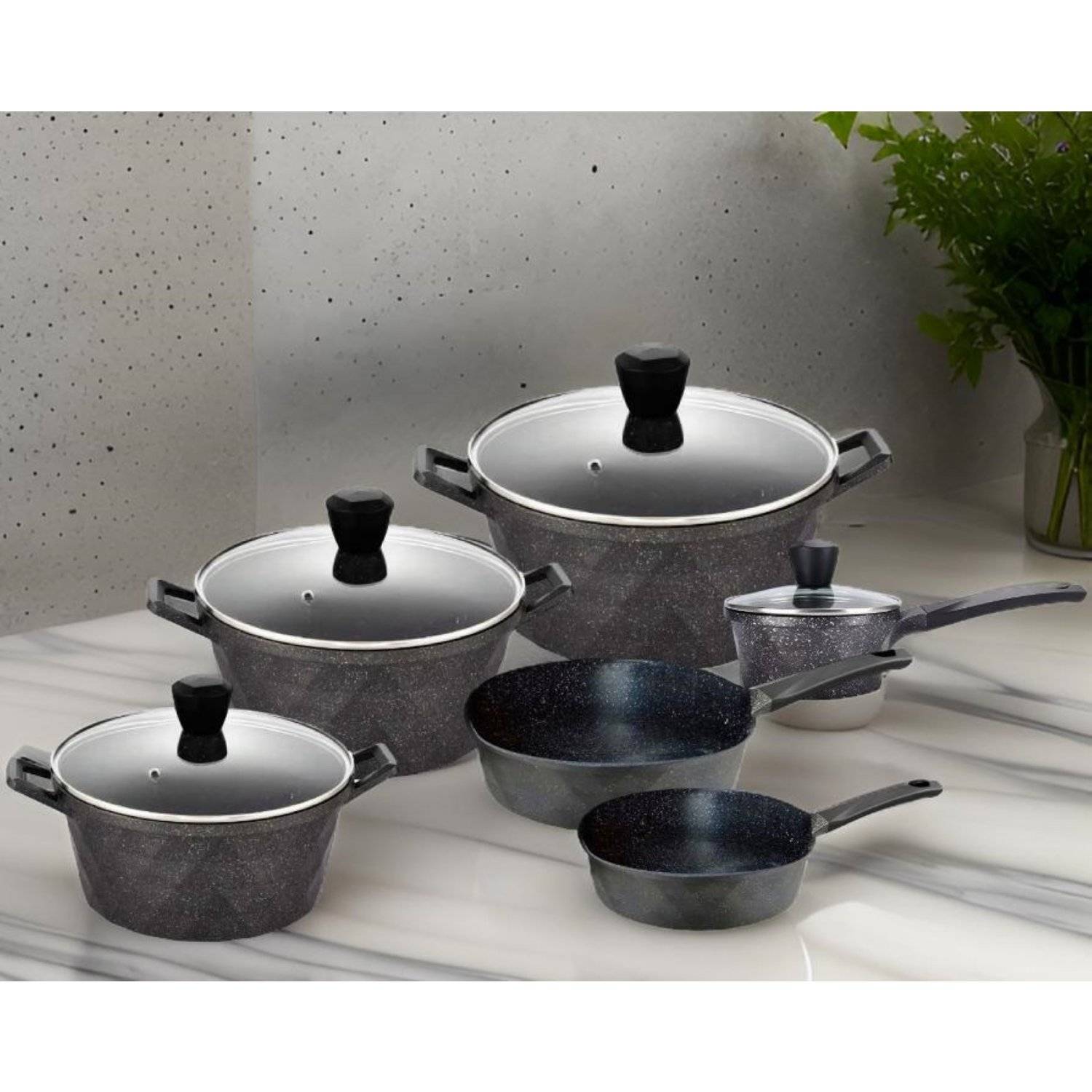 12-Teilig Kochtopf Set Induktion Kochtöpfe Diamant Topf Induktion Alu Guss Töpfe Deckel Handschuhe Grau