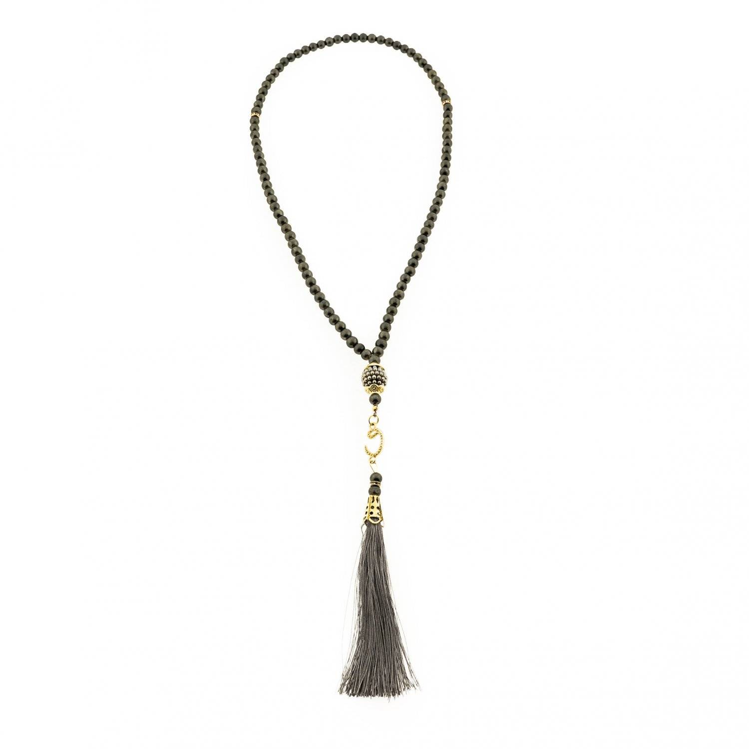 Gebetsketten mit goldenen Akzenten 45 cm 99 Perlen Anhänger mit Fransen Anthrazit