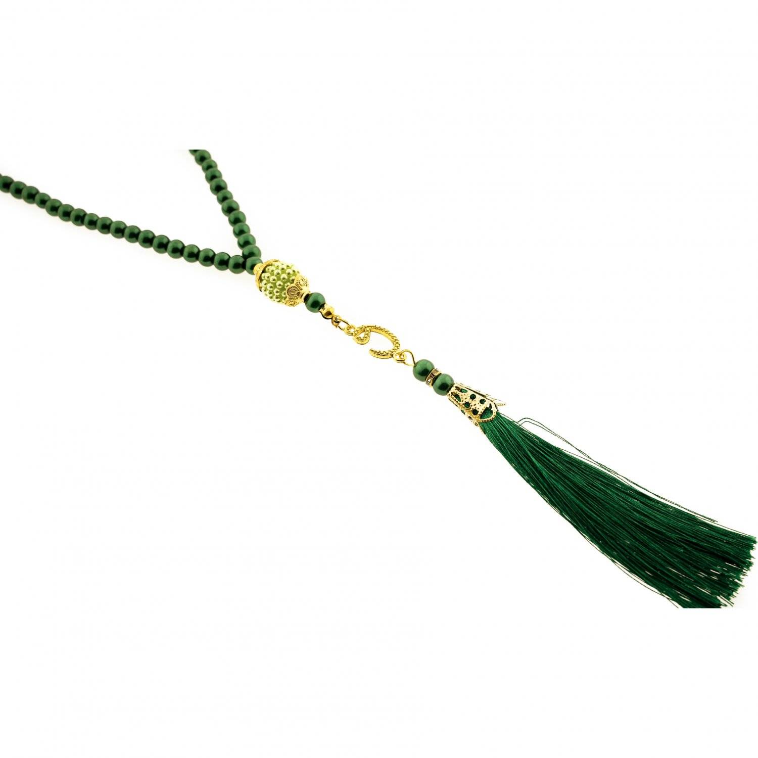 Gebetsketten mit goldenen Akzenten 45 cm 99 Perlen Anhänger mit Fransen Grün