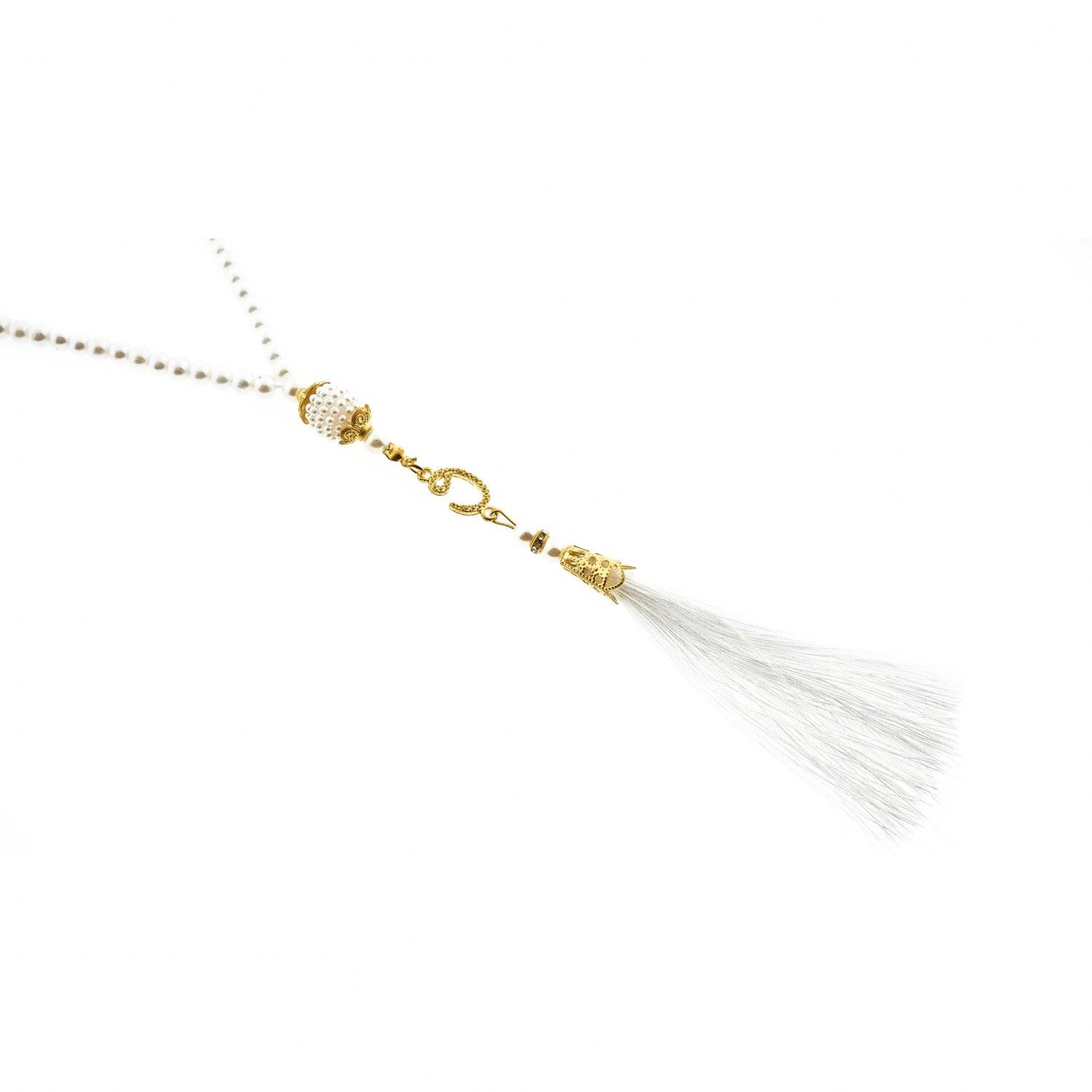 Gebetsketten mit goldenen Akzenten 45 cm 99 Perlen Anhänger mit Fransen Weiß