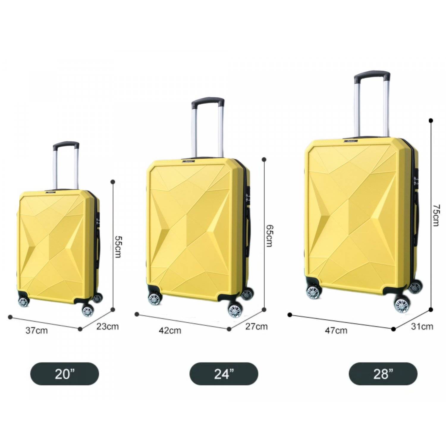 Reisekoffer ABS-03 Koffer 3-teilig Hartschale Trolley Set Kofferset Handgepäck Gepäck Reisetasche Gelb