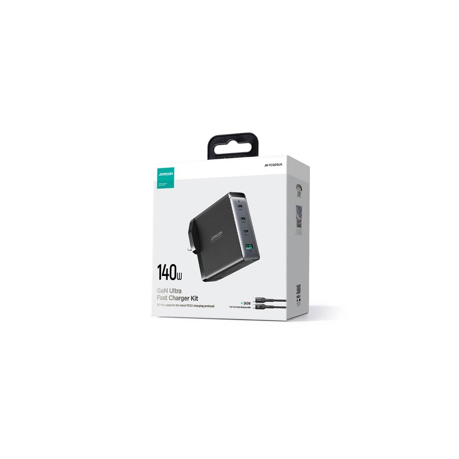 GaN Ultra 140W Schnellladegerät 3 x USB-C / USB-A Joyroom JR-TCG05EU - Schwarz + USB-C - USB-C 240W 1,2m Kabel