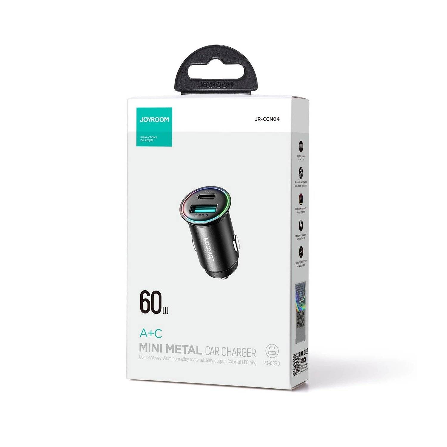 Zigarettenanzünder-Ladegerät Joyroom JR-CCN04 60W USB-A USB-C Mini-Ladegerät  Schwarz