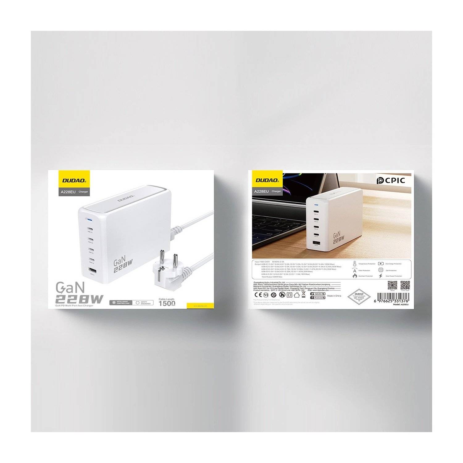 Wandladegerät Dudao A228EU GaN-Ladegerät 1x USB-A 4x USB-C PD 228W - Weiß