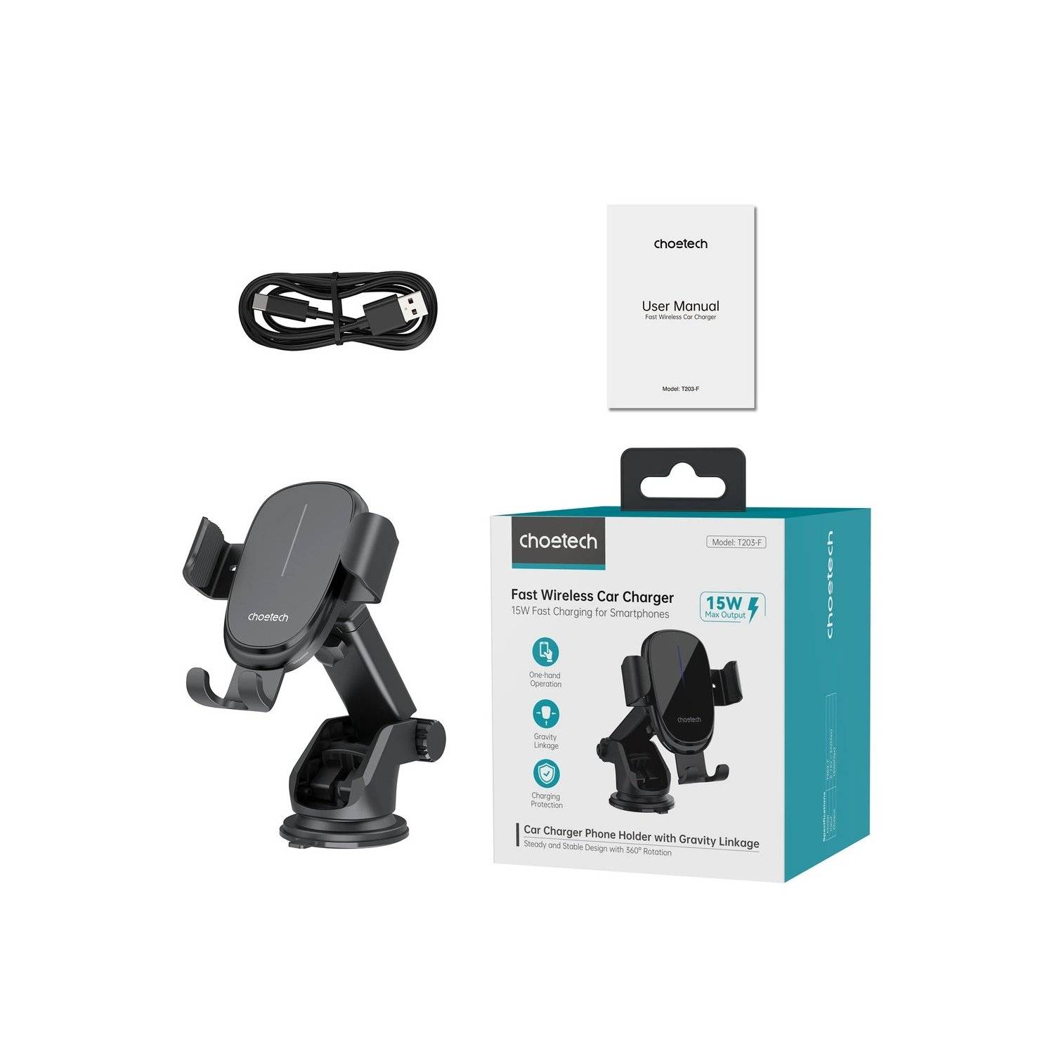 Choetech T203-F Schwerkraft-Autohalterung mit 15-W-Induktionsladegerät für das Cockpit – Schwarz