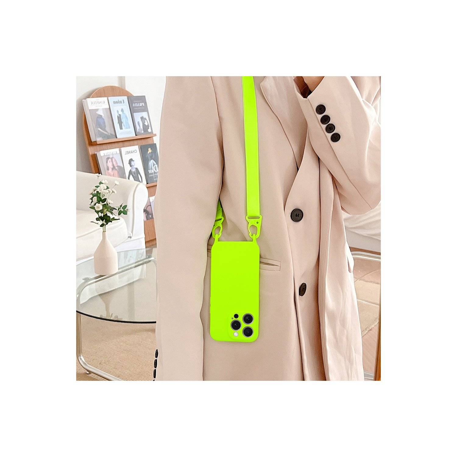 Handy Hülle Umhängehülle kompatibel mit Iphone 15 Design 2 Neongrün (lime)
