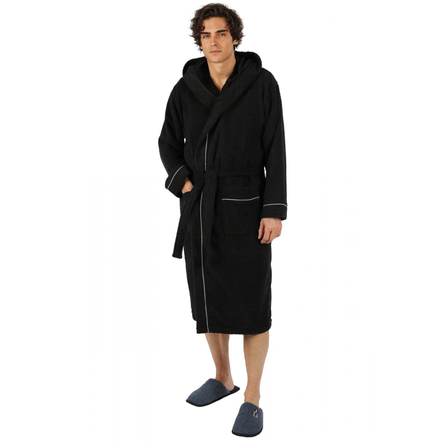 Bademantel lang, Herren, mit Kapuze Frottee Saunamantel L/XL Schwarz