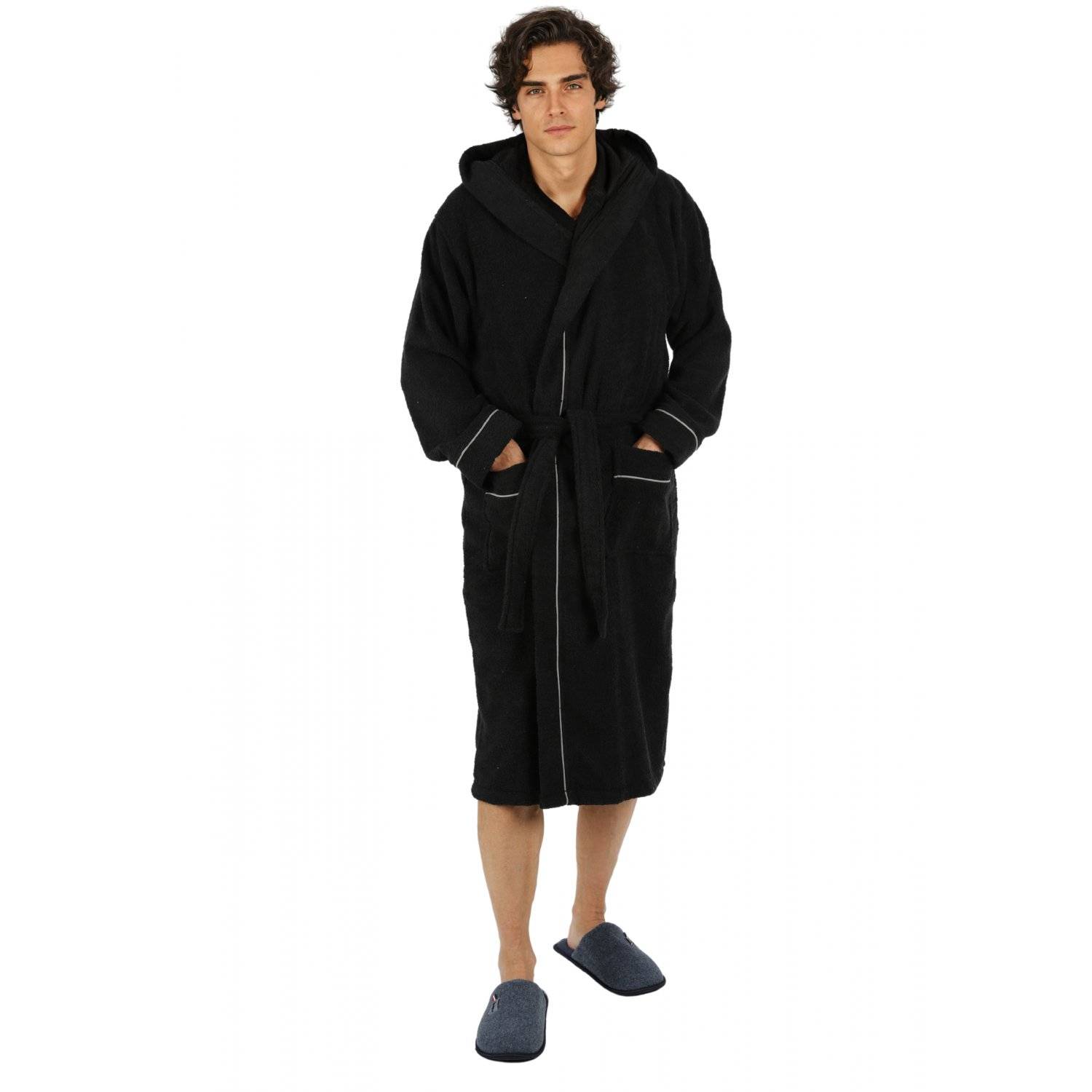 Bademantel lang, Herren, mit Kapuze Frottee Saunamantel L/XL Schwarz