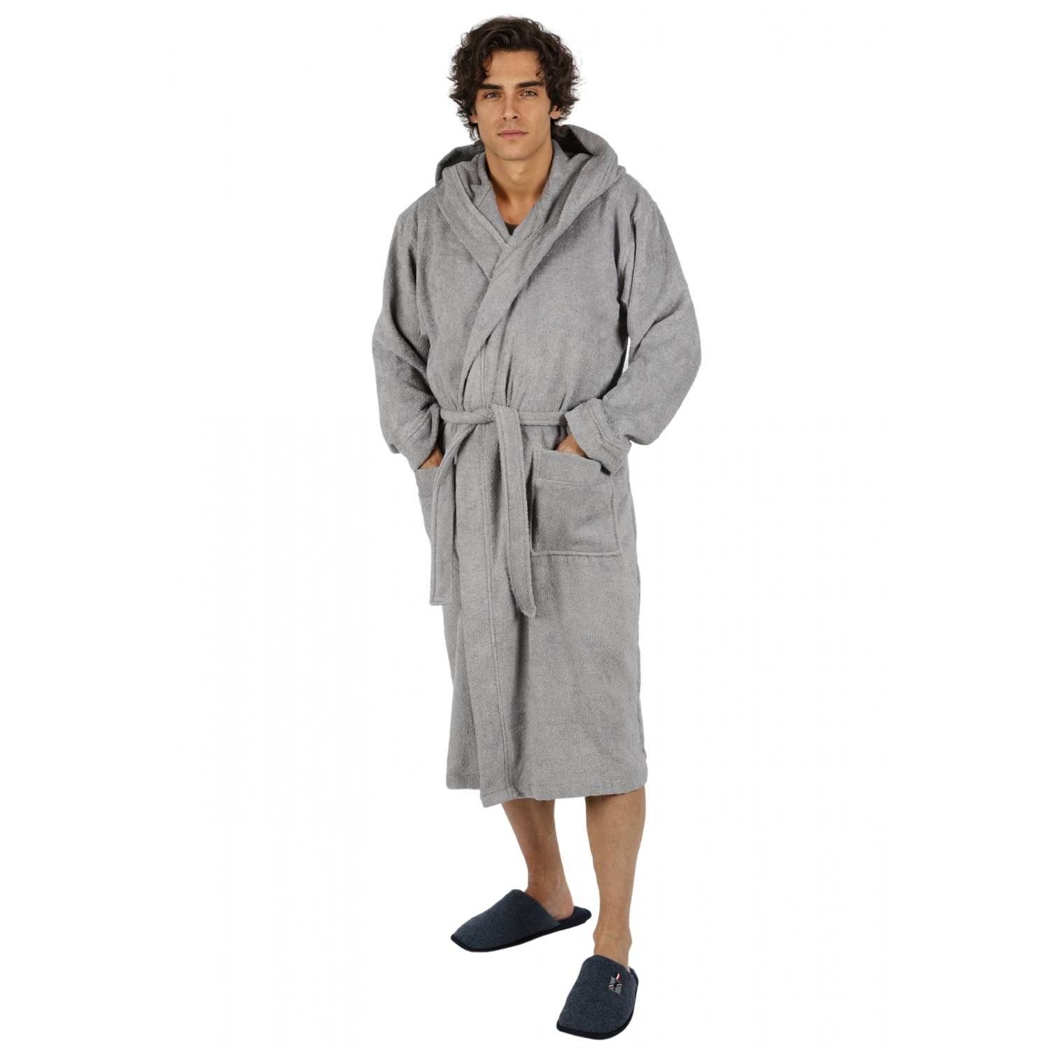 Bademantel lang, Herren, mit Kapuze Frottee Saunamantel S/M Hellgrau