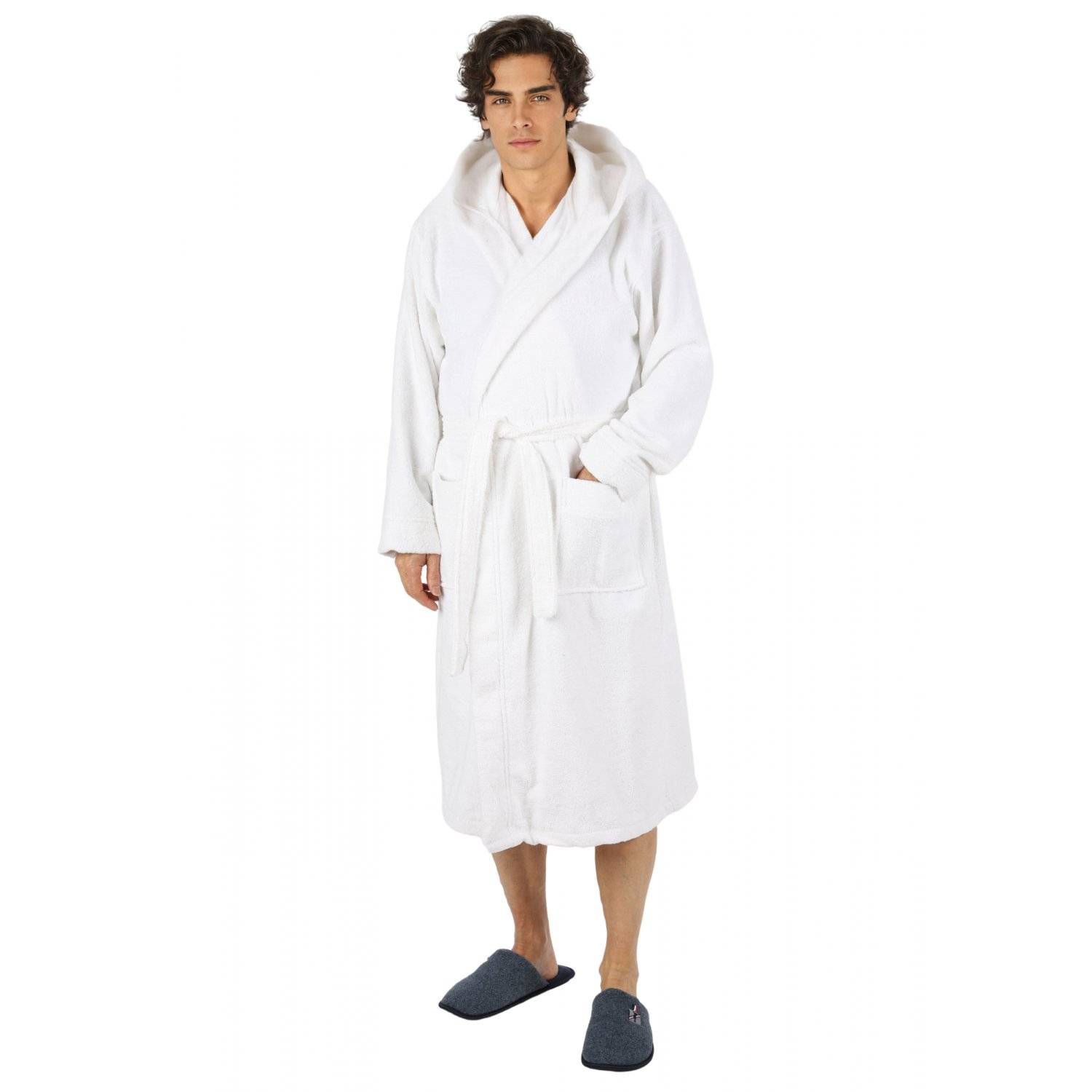 Bademantel lang, Herren, mit Kapuze Frottee Saunamantel L/XL Weiß